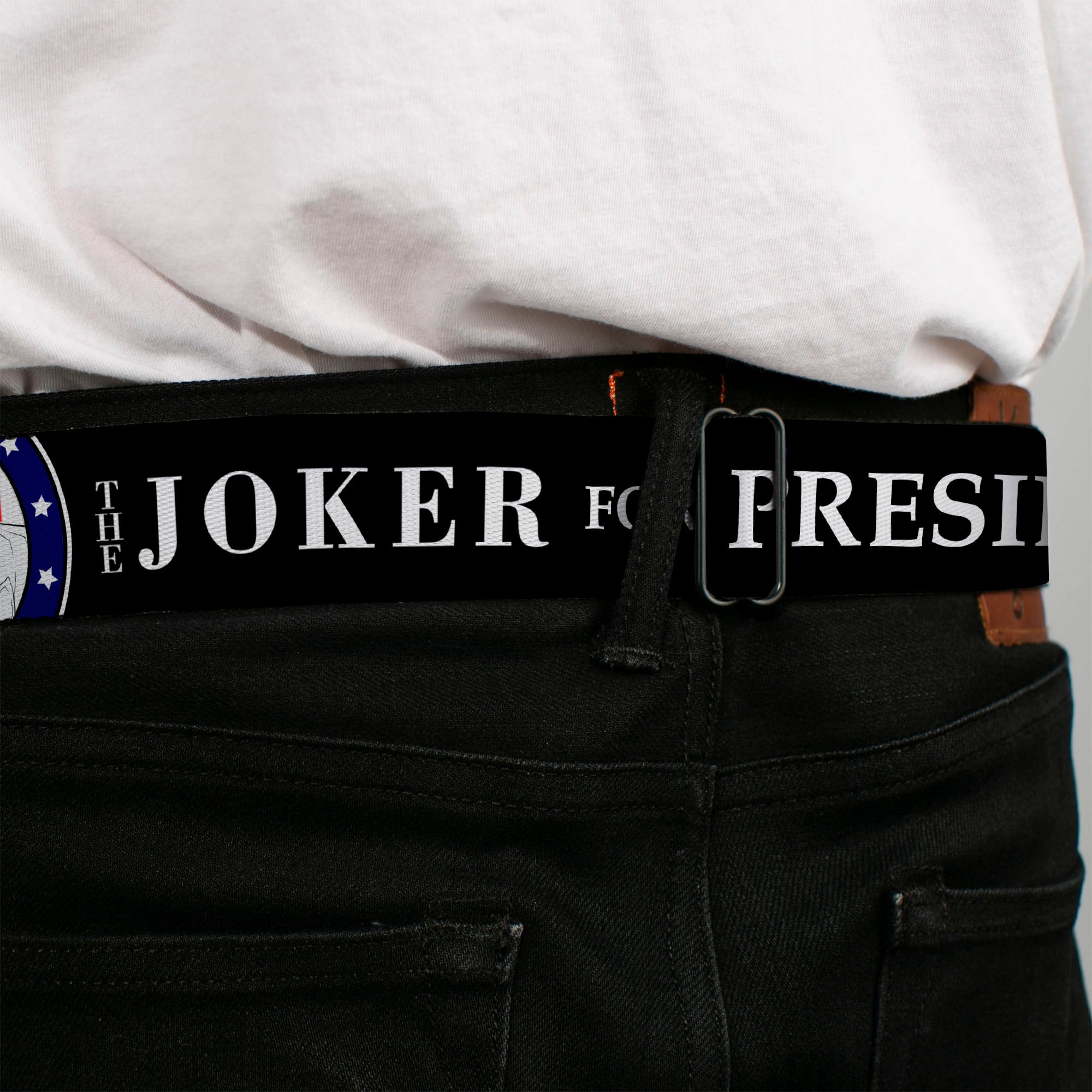 Joker Presidential Seal Full Color Black White Blue Red Seatbelt Belt - THE JOKER FOR PRESIDENT/Joker Presidential Seal CLOSE-UP Black/White/Blue/Red Webbing Seatbelt Belts DC Comics