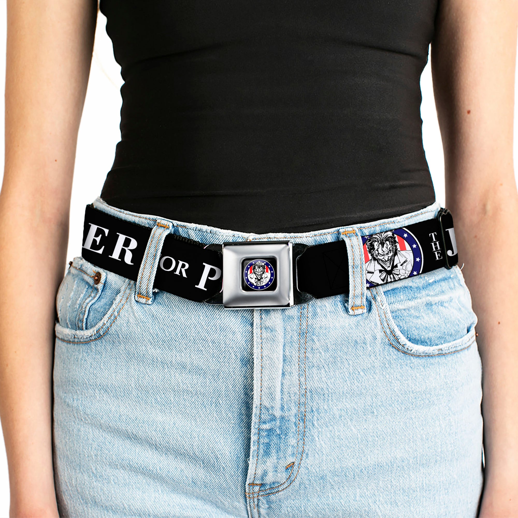 Joker Presidential Seal Full Color Black White Blue Red Seatbelt Belt - THE JOKER FOR PRESIDENT/Joker Presidential Seal CLOSE-UP Black/White/Blue/Red Webbing Seatbelt Belts DC Comics