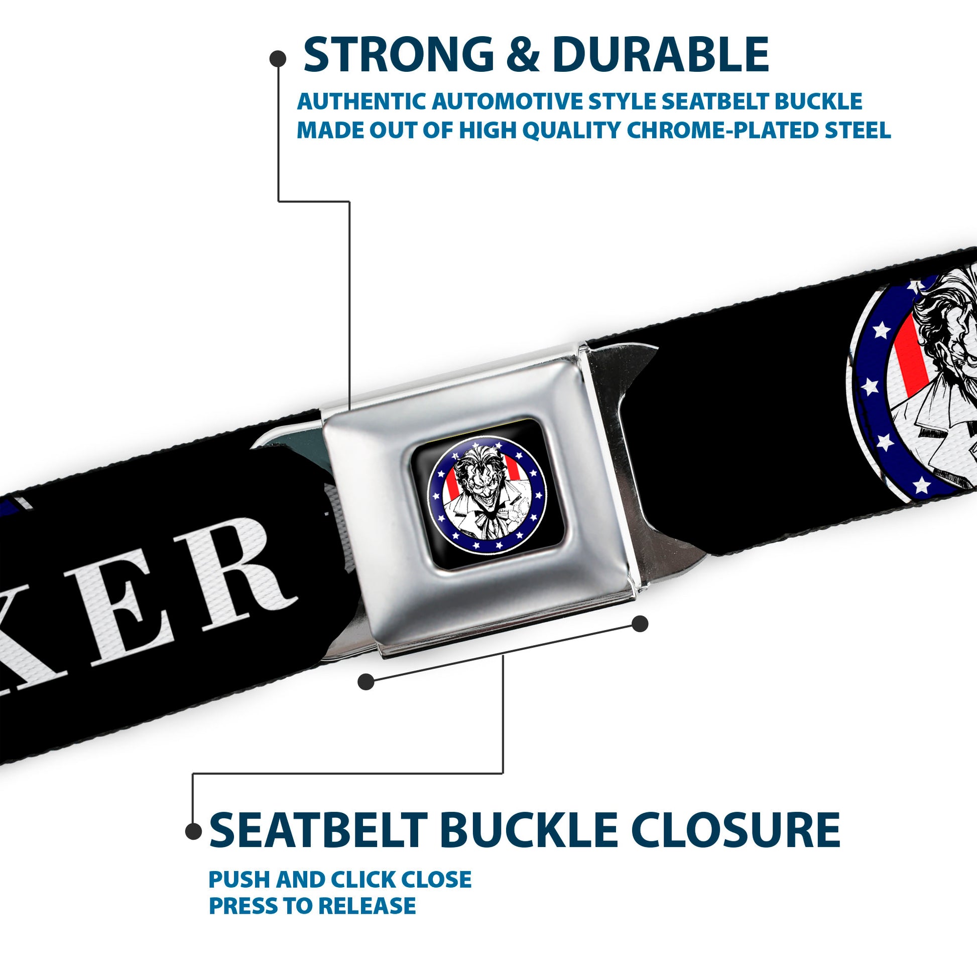 Joker Presidential Seal Full Color Black White Blue Red Seatbelt Belt - THE JOKER FOR PRESIDENT/Joker Presidential Seal CLOSE-UP Black/White/Blue/Red Webbing Seatbelt Belts DC Comics