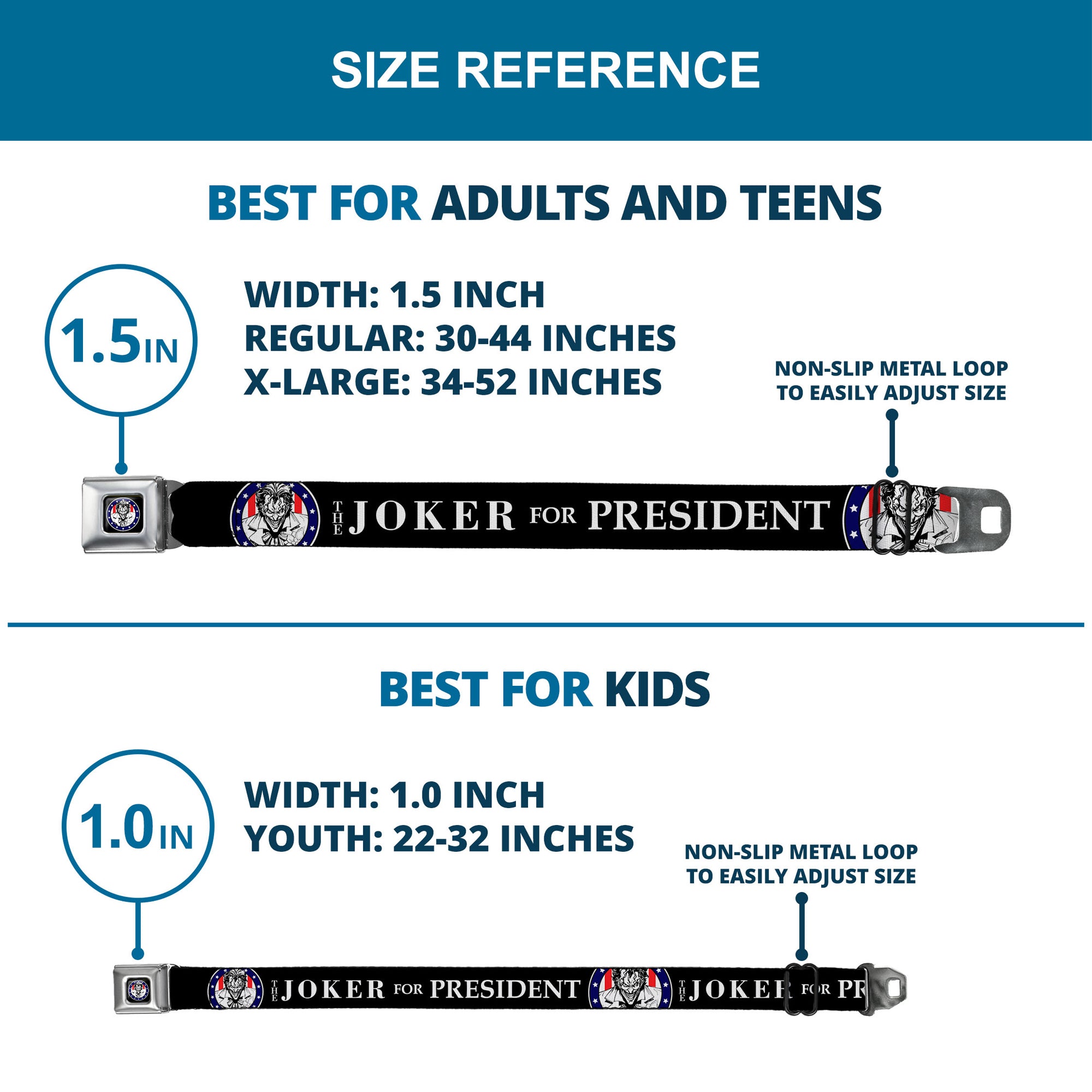 Joker Presidential Seal Full Color Black White Blue Red Seatbelt Belt - THE JOKER FOR PRESIDENT/Joker Presidential Seal CLOSE-UP Black/White/Blue/Red Webbing Seatbelt Belts DC Comics
