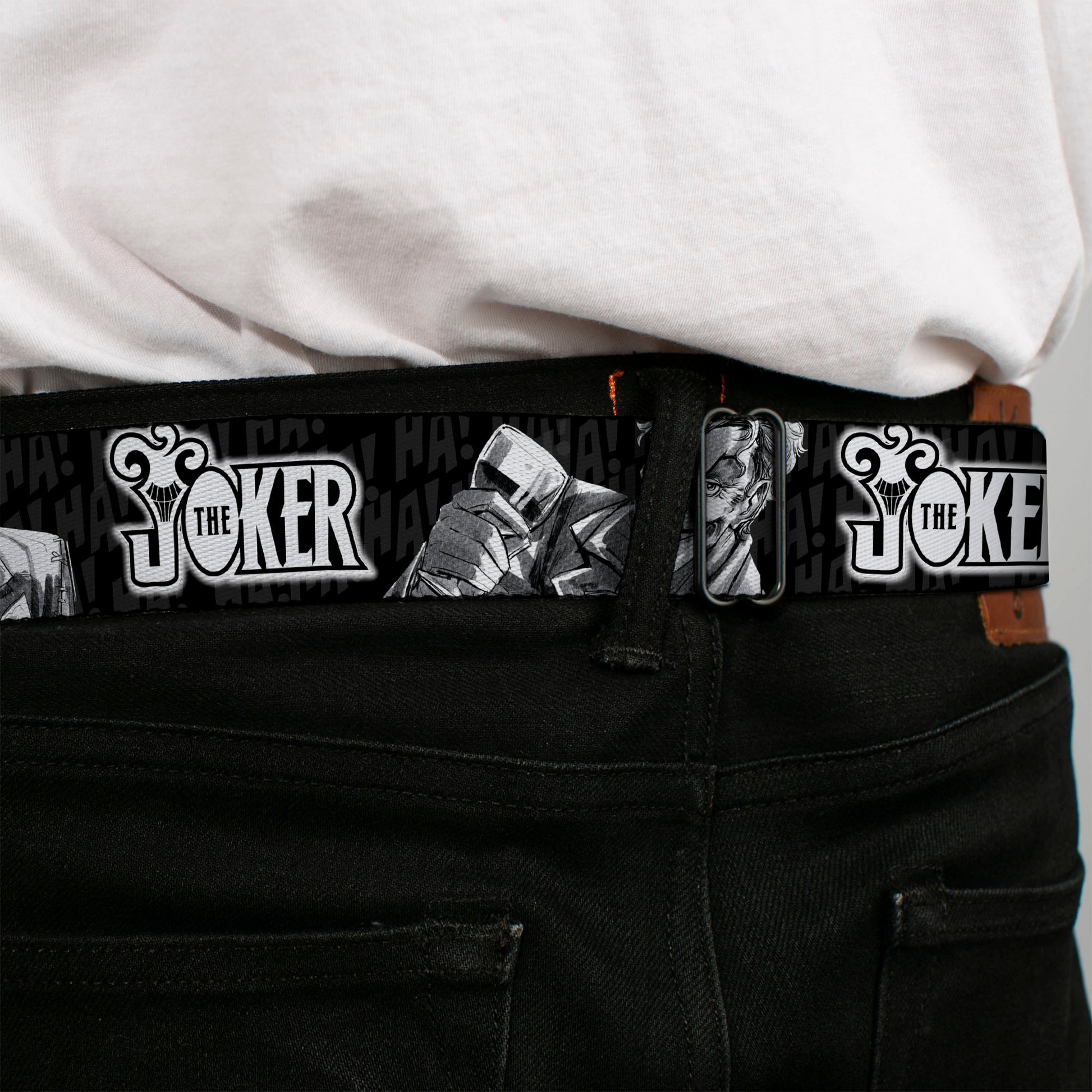 Joker Smiling Full Color Black/Grays/White Seatbelt Belt - THE JOKER Smiling/Wine Glass Poses HA! HA! Black/Grays/White Webbing Seatbelt Belts DC Comics