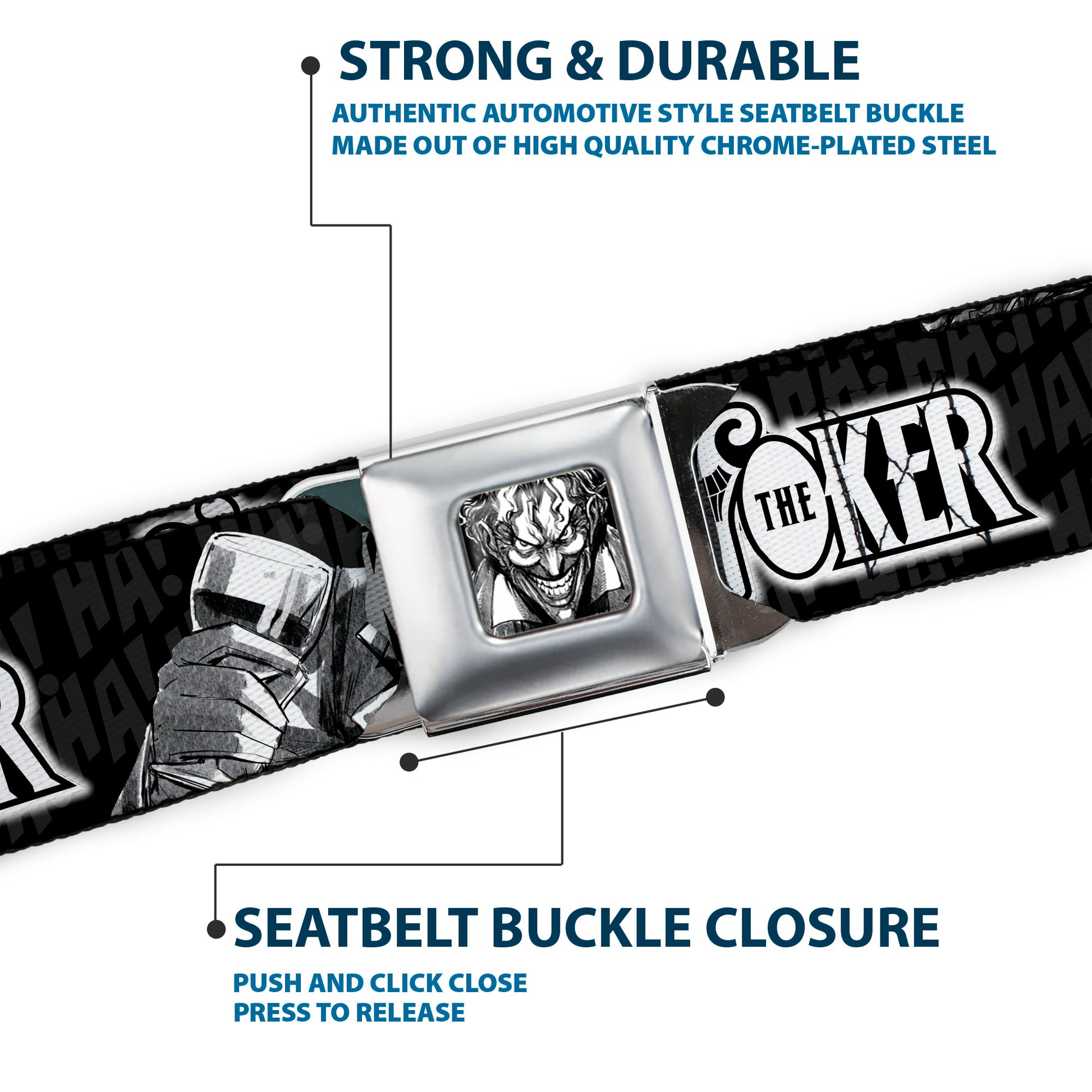 Joker Smiling Full Color Black/Grays/White Seatbelt Belt - THE JOKER Smiling/Wine Glass Poses HA! HA! Black/Grays/White Webbing Seatbelt Belts DC Comics