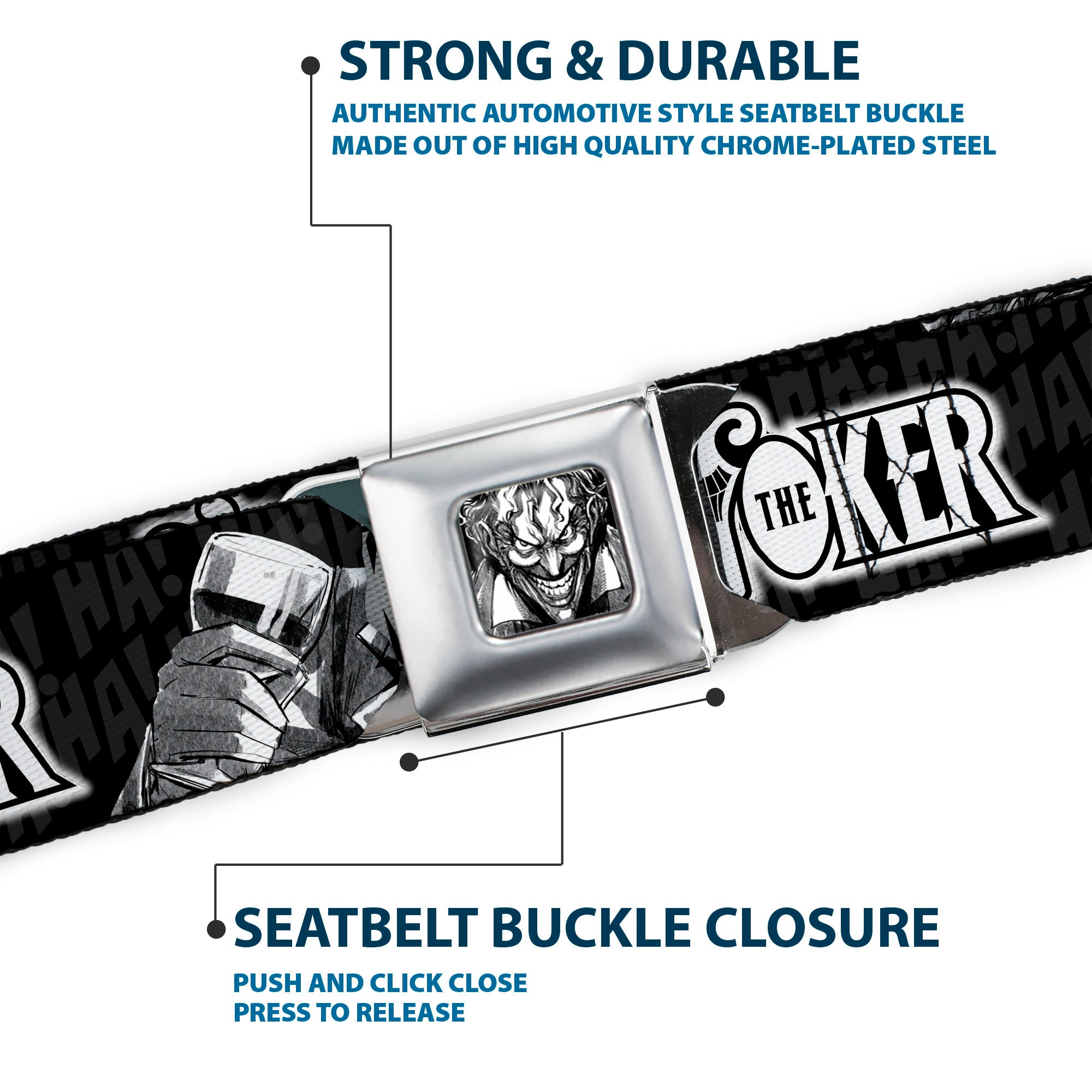 Joker Smiling Full Color Black/Grays/White Seatbelt Belt - THE JOKER Smiling/Wine Glass Poses HA! HA! Black/Grays/White Webbing Seatbelt Belts DC Comics