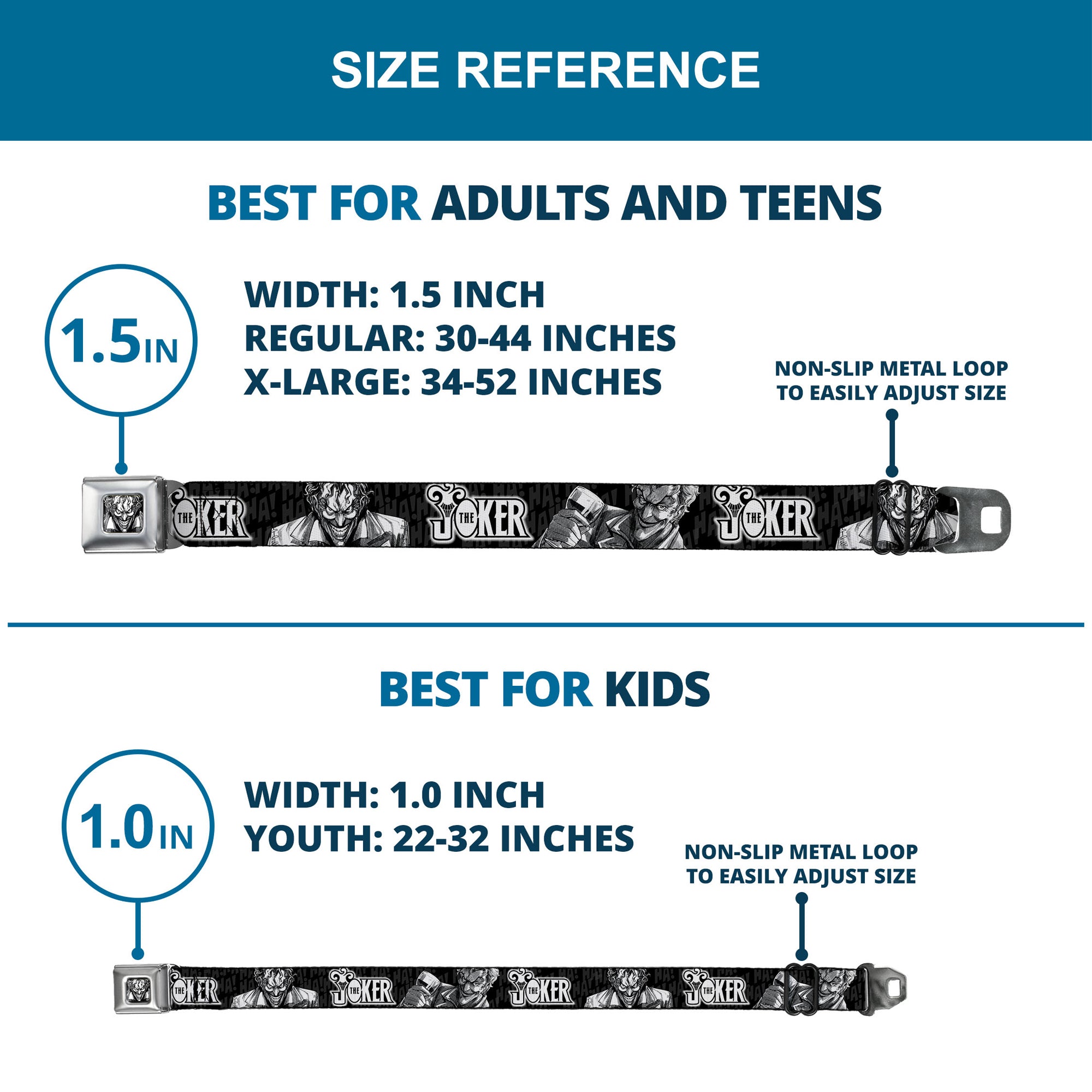 Joker Smiling Full Color Black/Grays/White Seatbelt Belt - THE JOKER Smiling/Wine Glass Poses HA! HA! Black/Grays/White Webbing Seatbelt Belts DC Comics