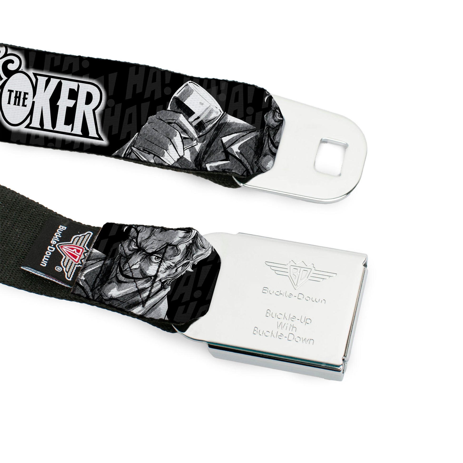 Joker Smiling Full Color Black/Grays/White Seatbelt Belt - THE JOKER Smiling/Wine Glass Poses HA! HA! Black/Grays/White Webbing Seatbelt Belts DC Comics