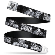 Joker Smiling Full Color Black/Grays/White Seatbelt Belt - THE JOKER Smiling/Wine Glass Poses HA! HA! Black/Grays/White Webbing Seatbelt Belts DC Comics