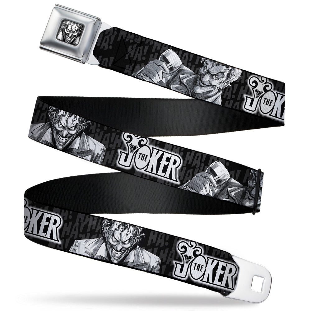 Joker Smiling Full Color Black/Grays/White Seatbelt Belt - THE JOKER Smiling/Wine Glass Poses HA! HA! Black/Grays/White Webbing Seatbelt Belts DC Comics