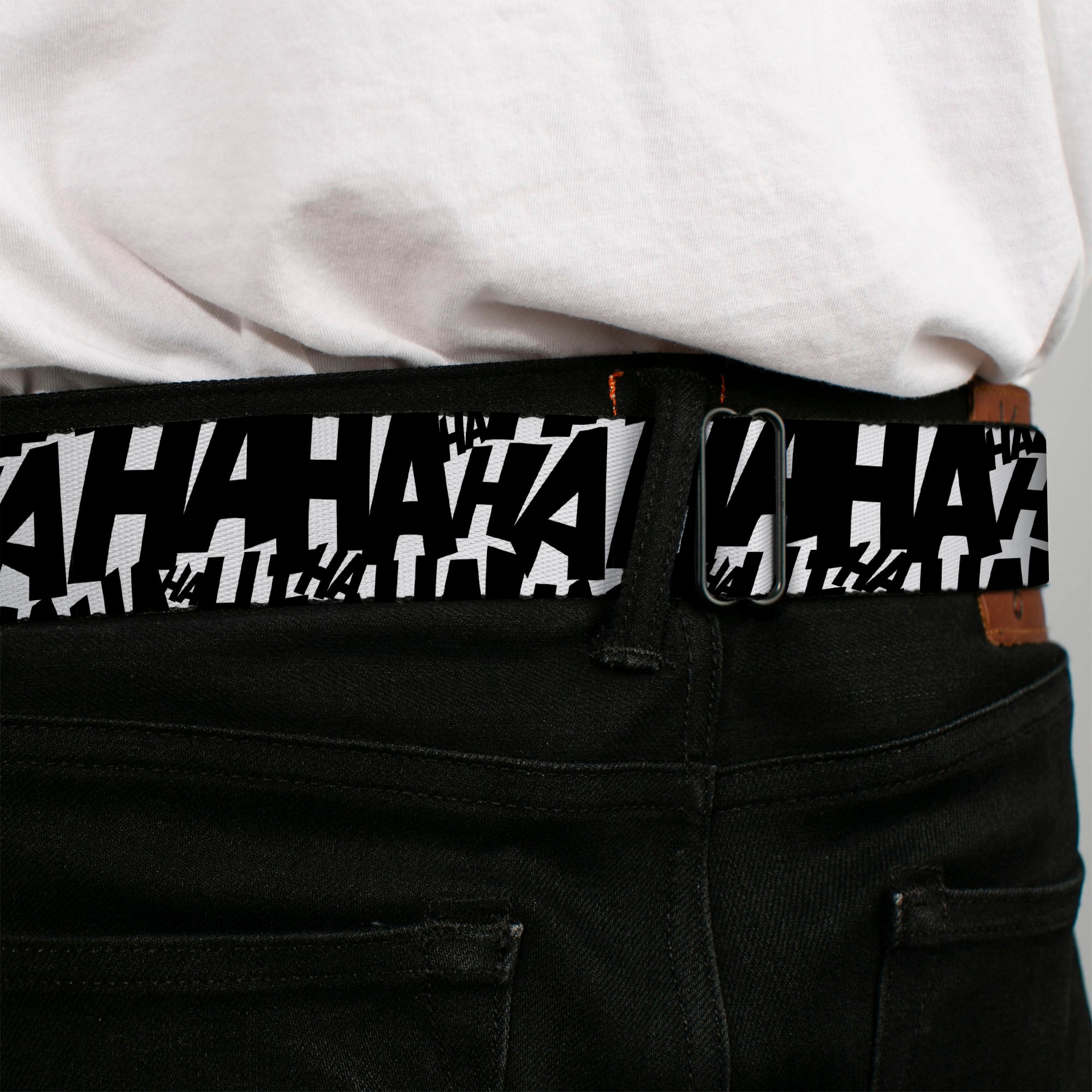 Joker's Laugh HAHAHA Repeat Full Color White/Black Seatbelt Belt - Joker's Laugh HAHAHA Repeat White/Black Webbing Seatbelt Belts DC Comics