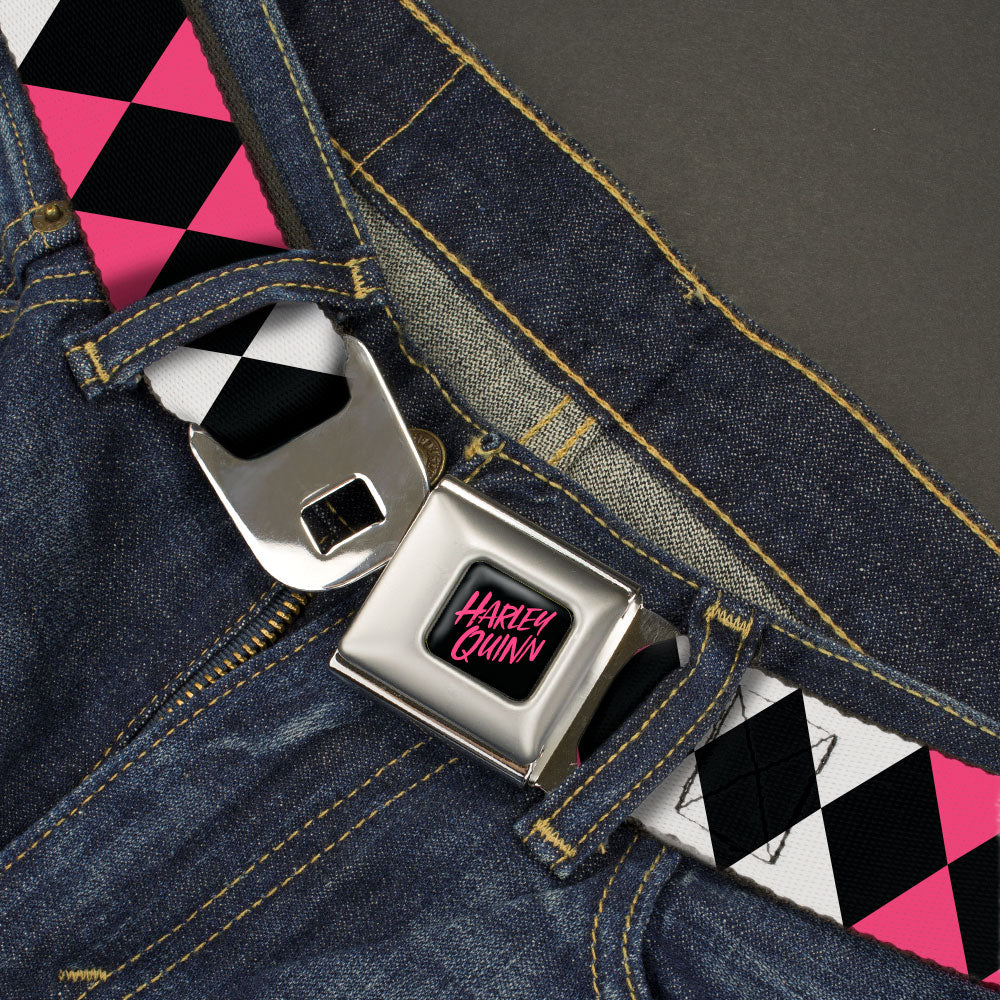Birds of Prey HARLEY QUINN Text Full Color Black/Pink Seatbelt Belt - Birds of Prey Harley Quinn Diamonds Split White/Black/Pink/Black Webbing Seatbelt Belts DC Comics