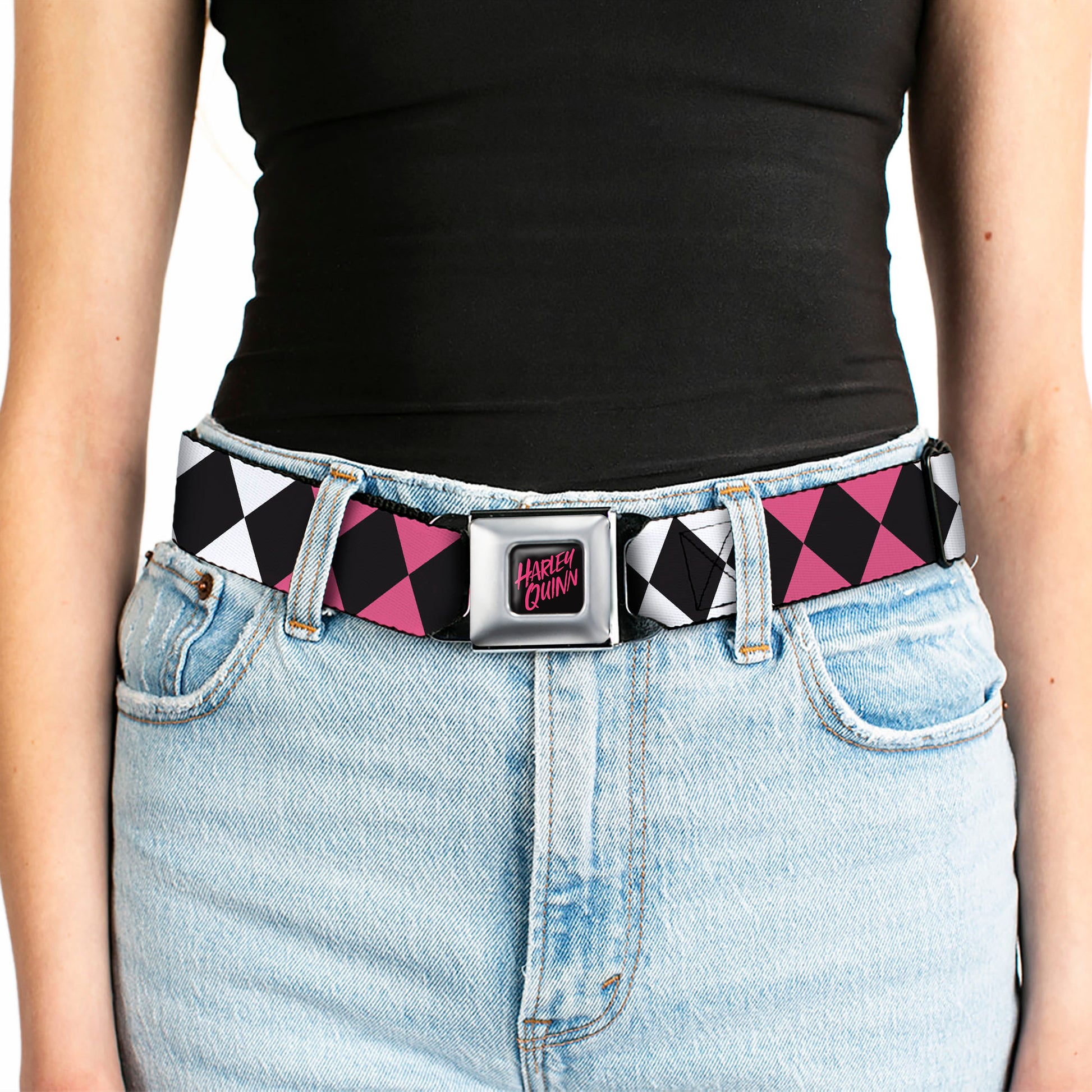 Birds of Prey HARLEY QUINN Text Full Color Black/Pink Seatbelt Belt - Birds of Prey Harley Quinn Diamonds Split White/Black/Pink/Black Webbing Seatbelt Belts DC Comics