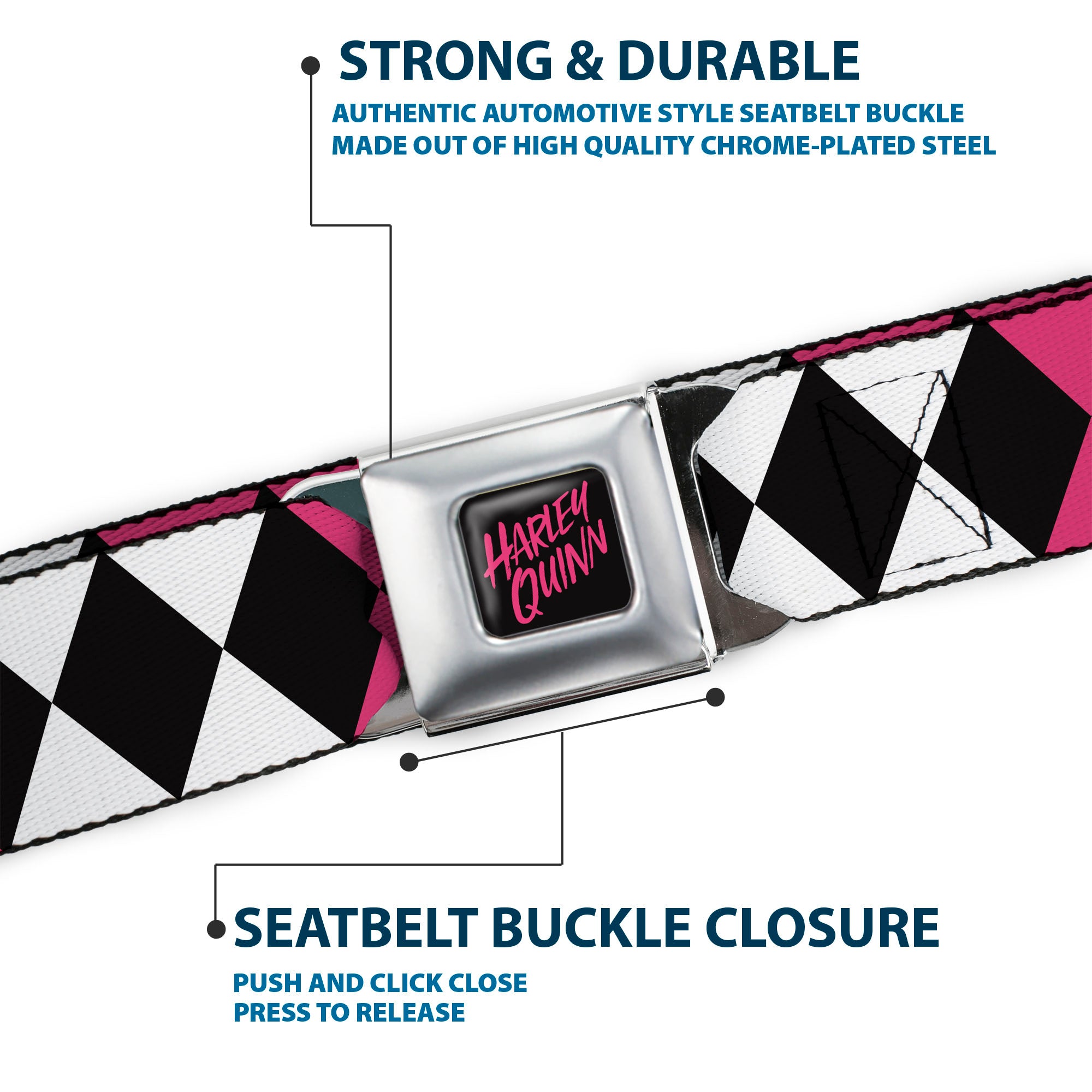 Birds of Prey HARLEY QUINN Text Full Color Black/Pink Seatbelt Belt - Birds of Prey Harley Quinn Diamonds Split White/Black/Pink/Black Webbing Seatbelt Belts DC Comics