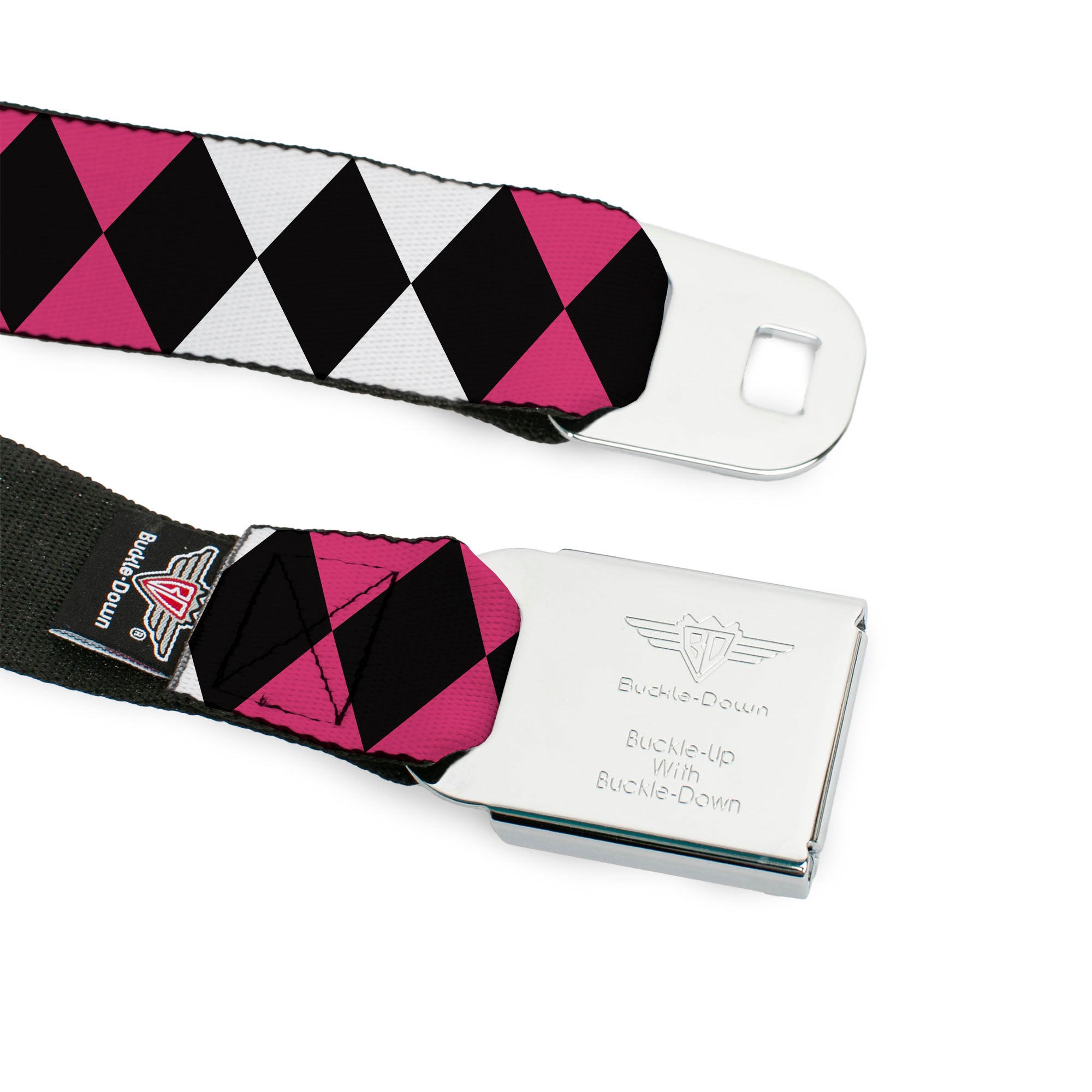 Birds of Prey HARLEY QUINN Text Full Color Black/Pink Seatbelt Belt - Birds of Prey Harley Quinn Diamonds Split White/Black/Pink/Black Webbing Seatbelt Belts DC Comics
