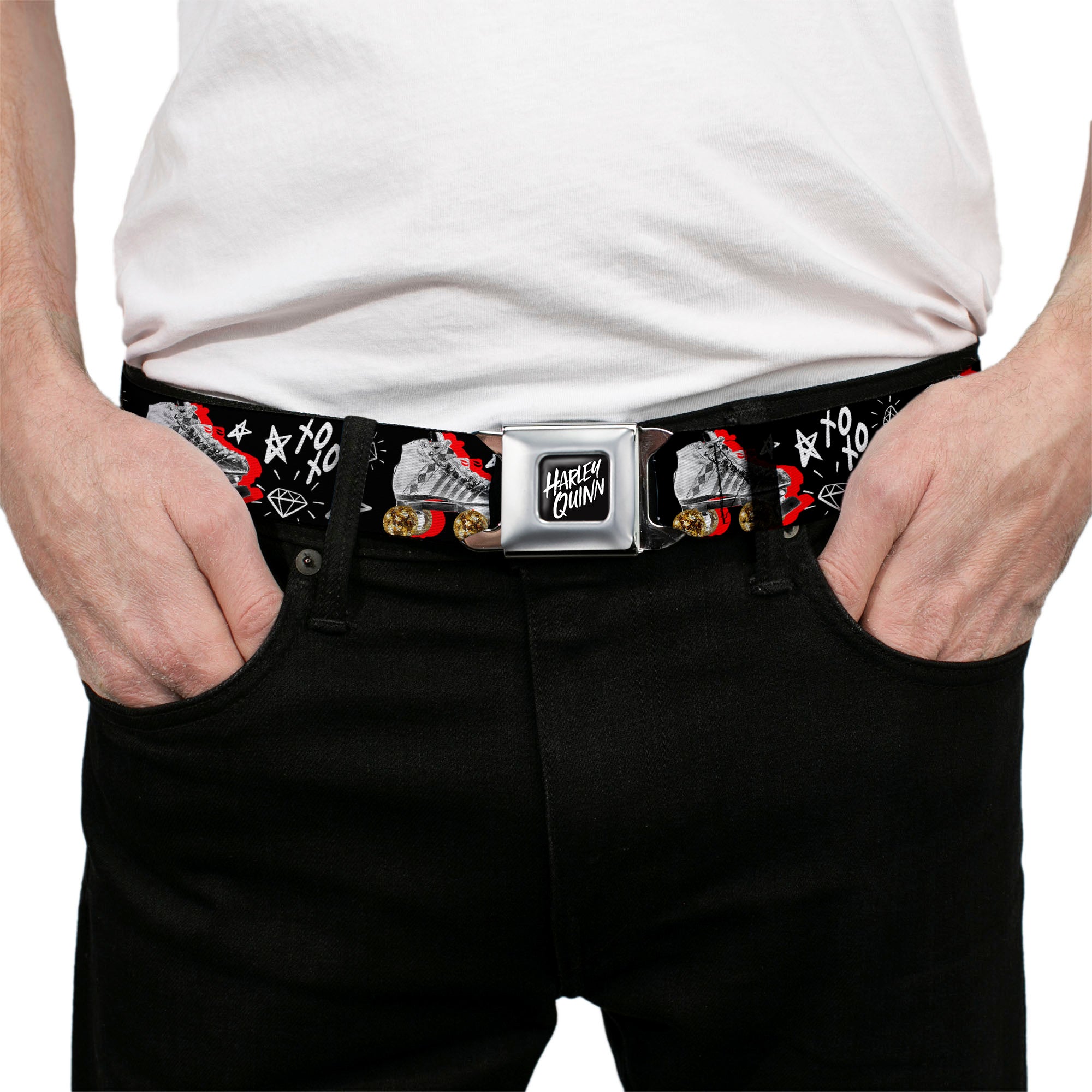 Birds of Prey HARLEY QUINN Text Full Color Black/White Seatbelt Belt - Birds of Prey Harley Quinn Roller Skates/Icons Collage Black/White/Red Webbing Seatbelt Belts DC Comics