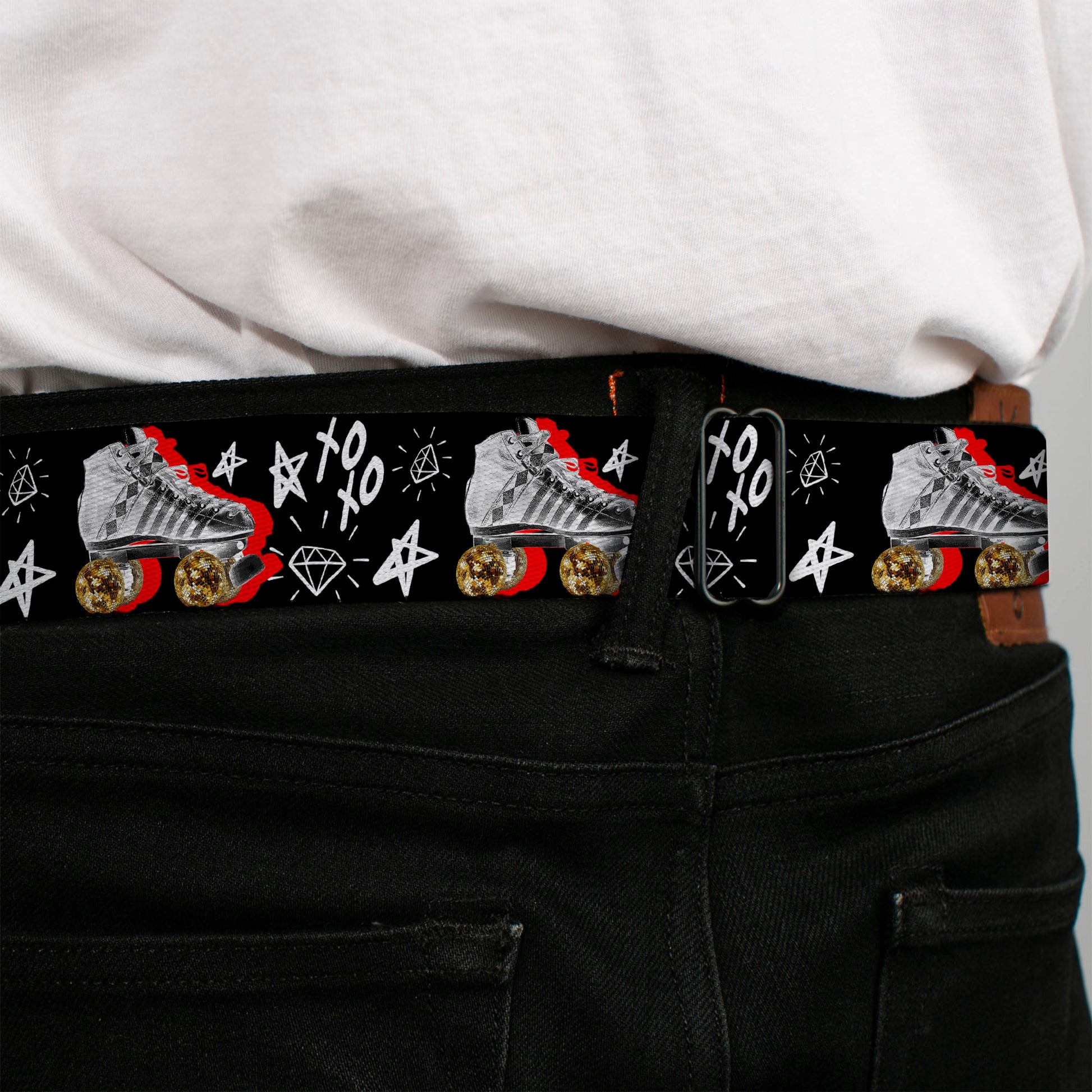 Birds of Prey HARLEY QUINN Text Full Color Black/White Seatbelt Belt - Birds of Prey Harley Quinn Roller Skates/Icons Collage Black/White/Red Webbing Seatbelt Belts DC Comics