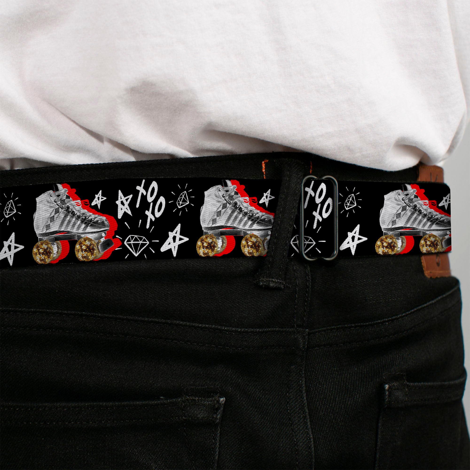 Birds of Prey HARLEY QUINN Text Full Color Black/White Seatbelt Belt - Birds of Prey Harley Quinn Roller Skates/Icons Collage Black/White/Red Webbing Seatbelt Belts DC Comics