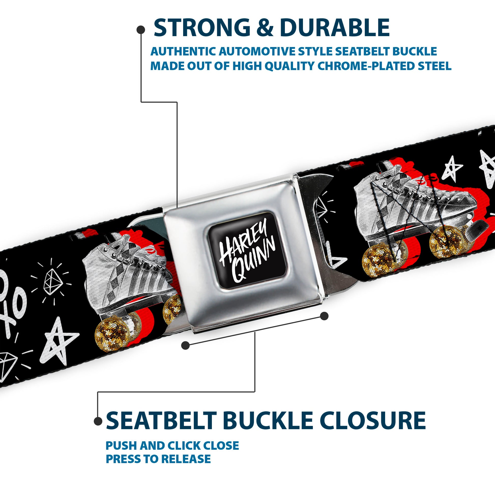 Birds of Prey HARLEY QUINN Text Full Color Black/White Seatbelt Belt - Birds of Prey Harley Quinn Roller Skates/Icons Collage Black/White/Red Webbing Seatbelt Belts DC Comics