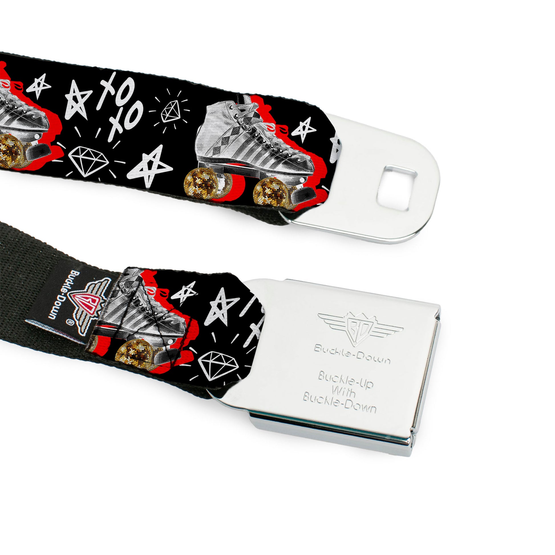 Birds of Prey HARLEY QUINN Text Full Color Black/White Seatbelt Belt - Birds of Prey Harley Quinn Roller Skates/Icons Collage Black/White/Red Webbing Seatbelt Belts DC Comics