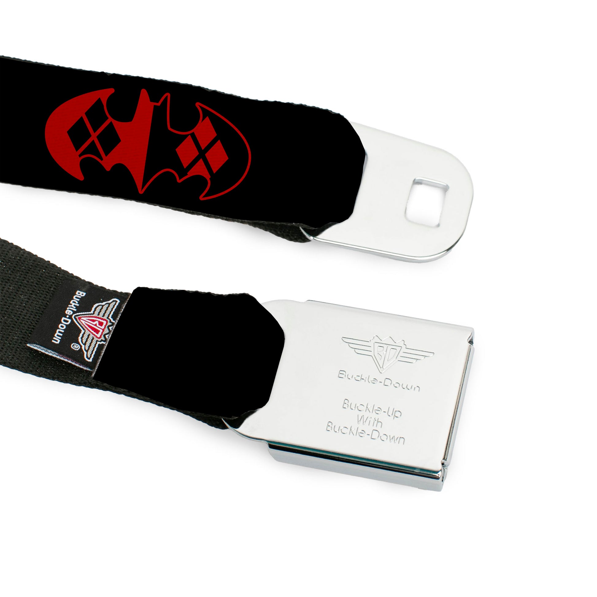 Harley Quinn Diamond Full Color Black Red Seatbelt Belt - Bat Logo/Harley Quinn Diamonds Black/Red Webbing Seatbelt Belts DC Comics