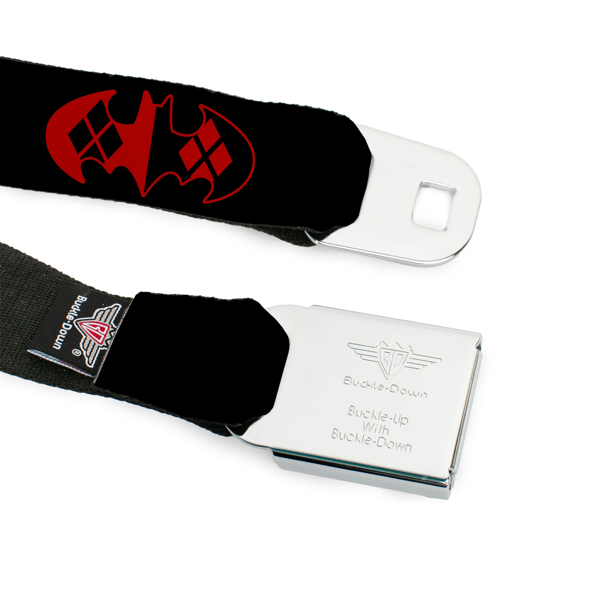 Harley Quinn Diamond Full Color Black Red Seatbelt Belt - Bat Logo/Harley Quinn Diamonds Black/Red Webbing Seatbelt Belts DC Comics