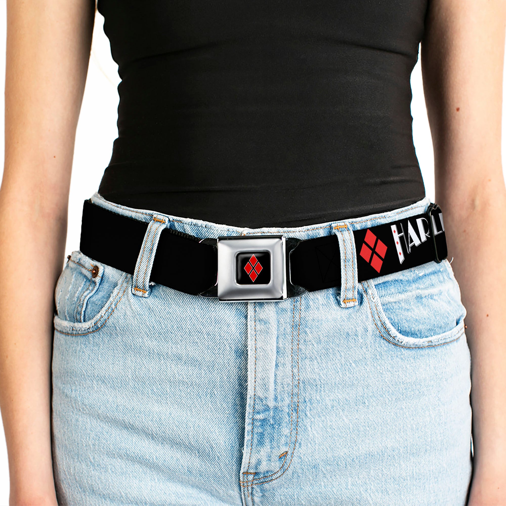 Harley Quinn Diamond Full Color Black Red Seatbelt Belt - HARLEY QUINN/Diamonds Black/Red/White Webbing Seatbelt Belts DC Comics