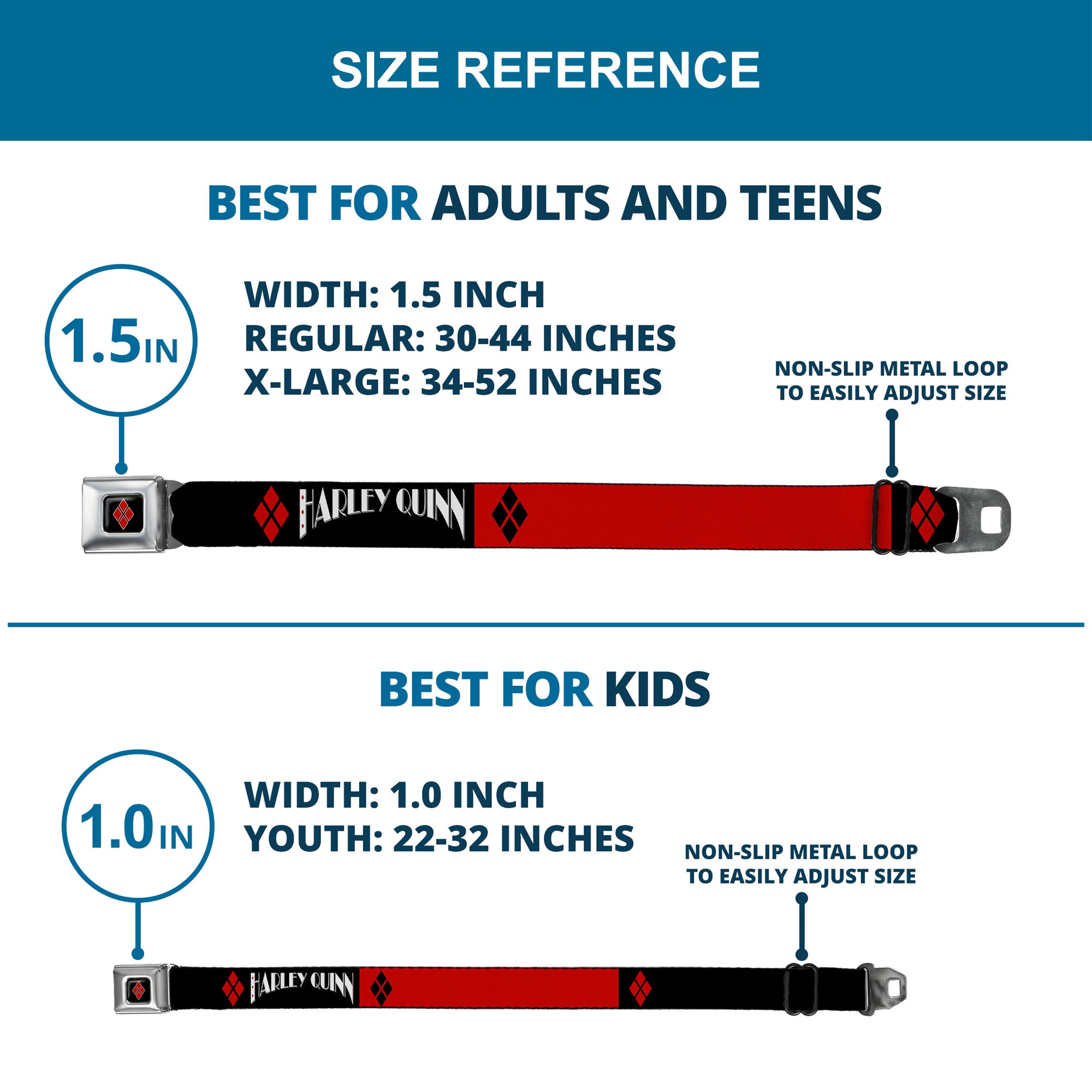 Harley Quinn Diamond Full Color Black Red Seatbelt Belt - HARLEY QUINN/Diamonds Black/Red/White Webbing Seatbelt Belts DC Comics