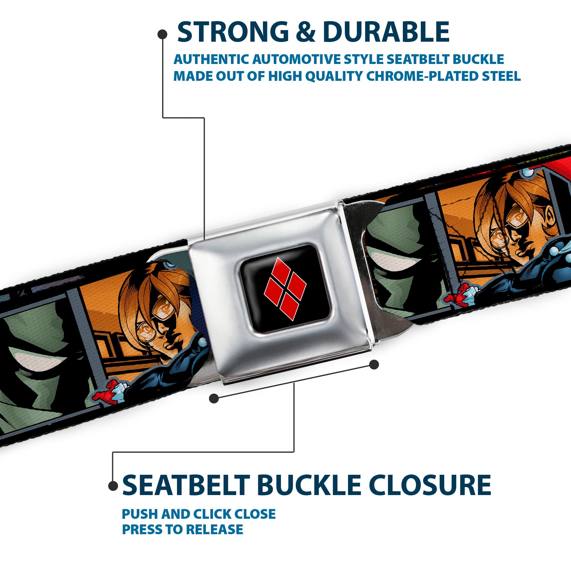 Harley Quinn Diamond Full Color Black/Red Seatbelt Belt - Harley Quinn/Night and Day Comic Book Character Blocks Webbing Seatbelt Belts DC Comics