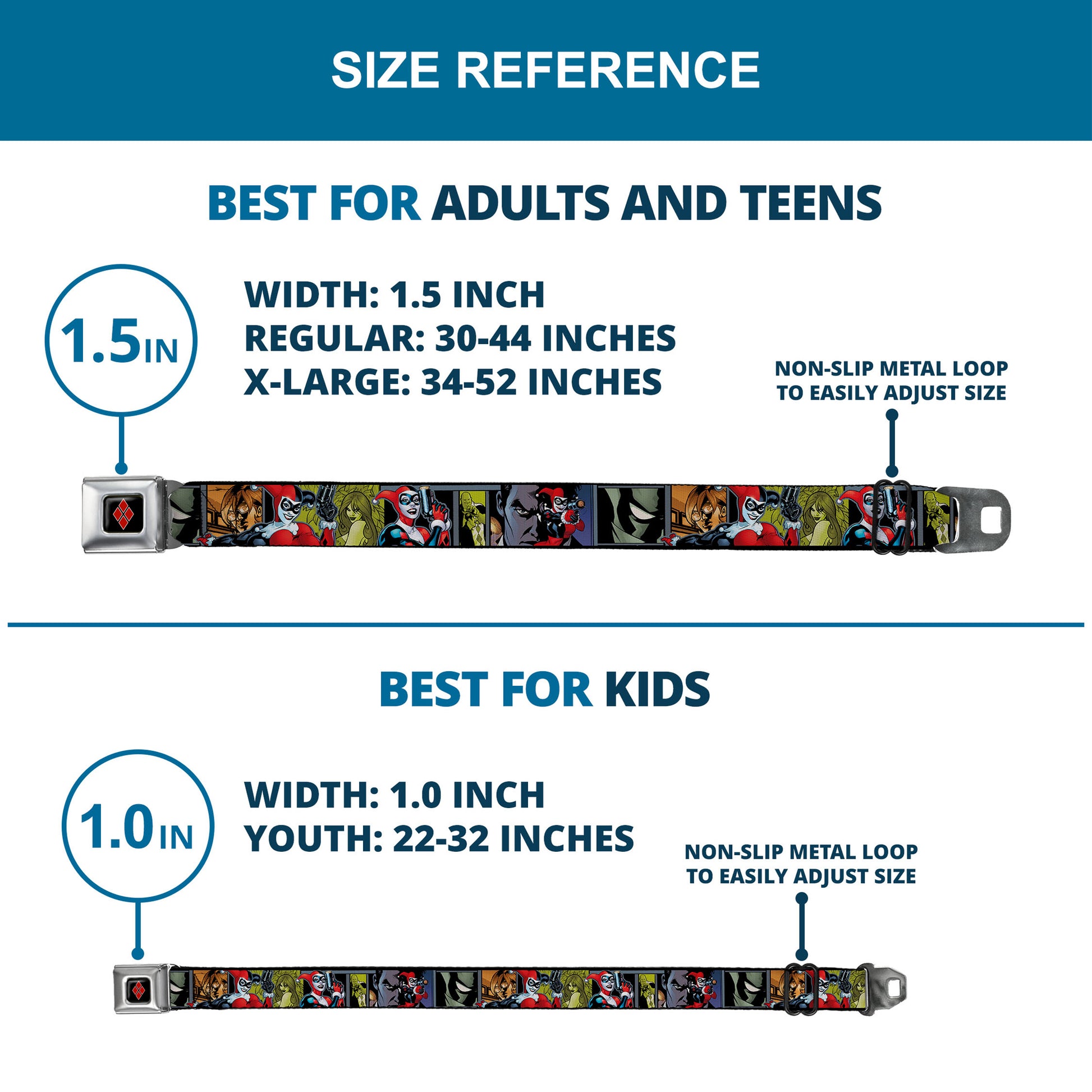 Harley Quinn Diamond Full Color Black/Red Seatbelt Belt - Harley Quinn/Night and Day Comic Book Character Blocks Webbing Seatbelt Belts DC Comics