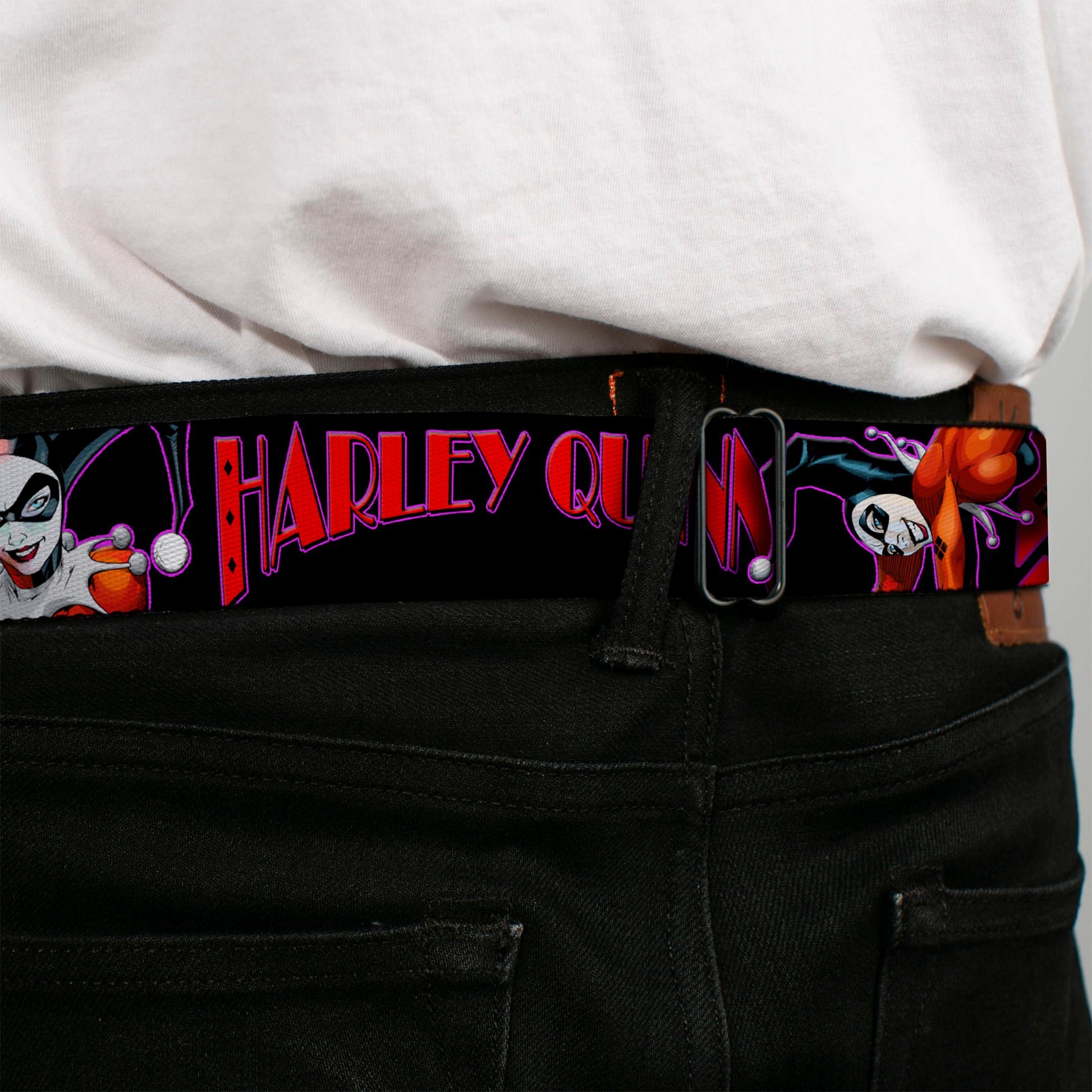 Harley Quinn Diamond Full Color Black Red Seatbelt Belt - HARLEY QUINN Bomb Poses/Suits Black/Purple/Red Webbing Seatbelt Belts DC Comics