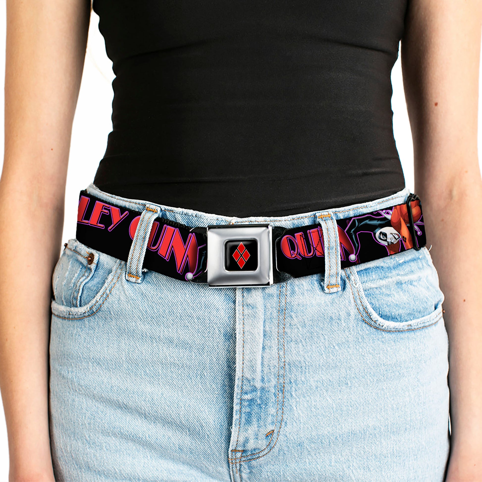 Harley Quinn Diamond Full Color Black Red Seatbelt Belt - HARLEY QUINN Bomb Poses/Suits Black/Purple/Red Webbing Seatbelt Belts DC Comics