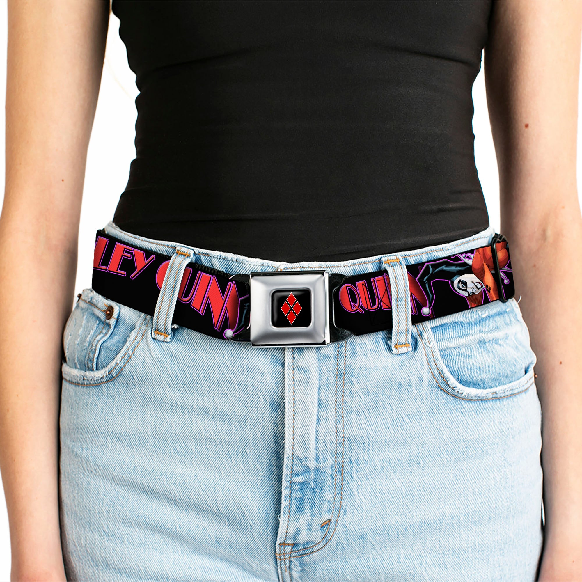 Harley Quinn Diamond Full Color Black Red Seatbelt Belt - HARLEY QUINN Bomb Poses/Suits Black/Purple/Red Webbing Seatbelt Belts DC Comics