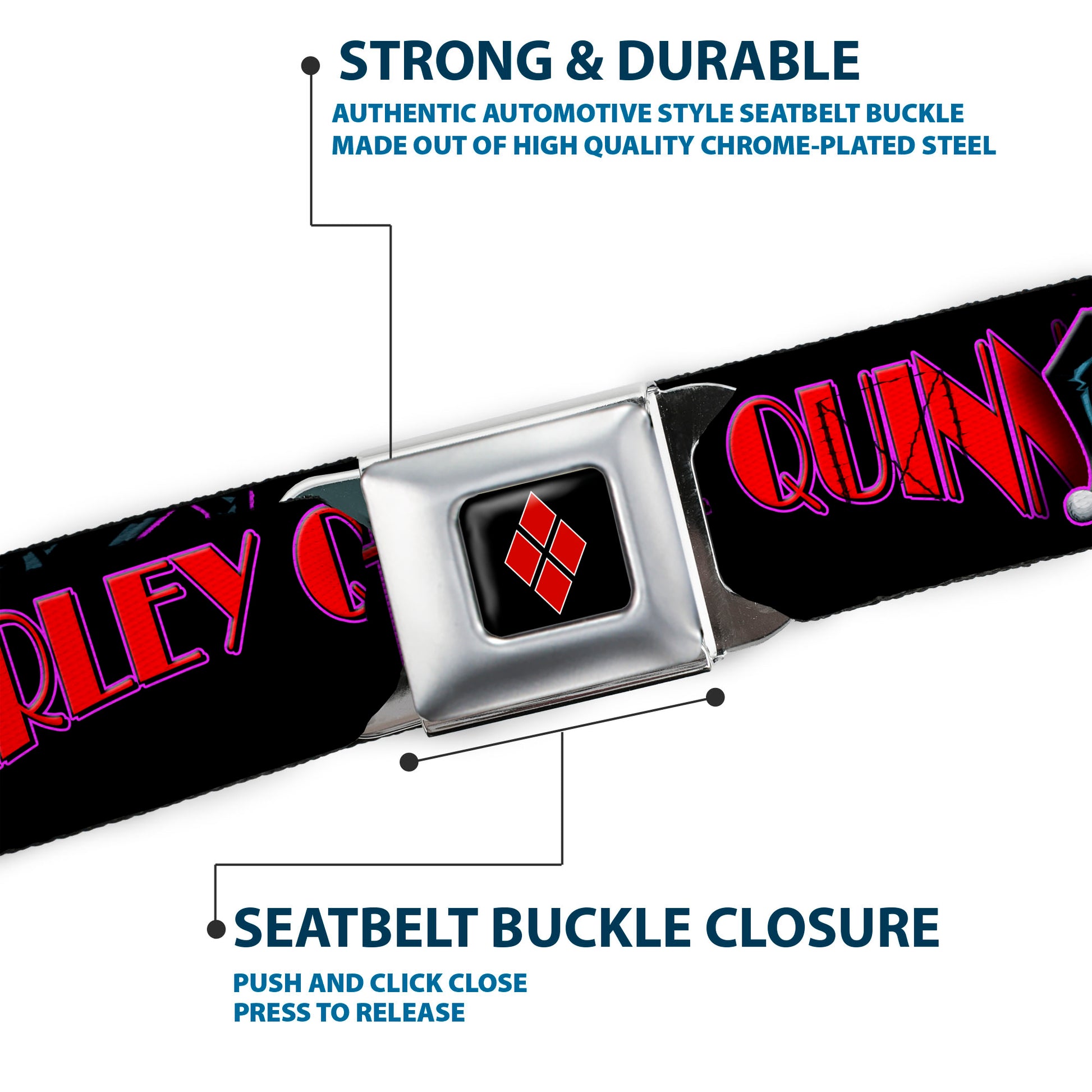 Harley Quinn Diamond Full Color Black Red Seatbelt Belt - HARLEY QUINN Bomb Poses/Suits Black/Purple/Red Webbing Seatbelt Belts DC Comics