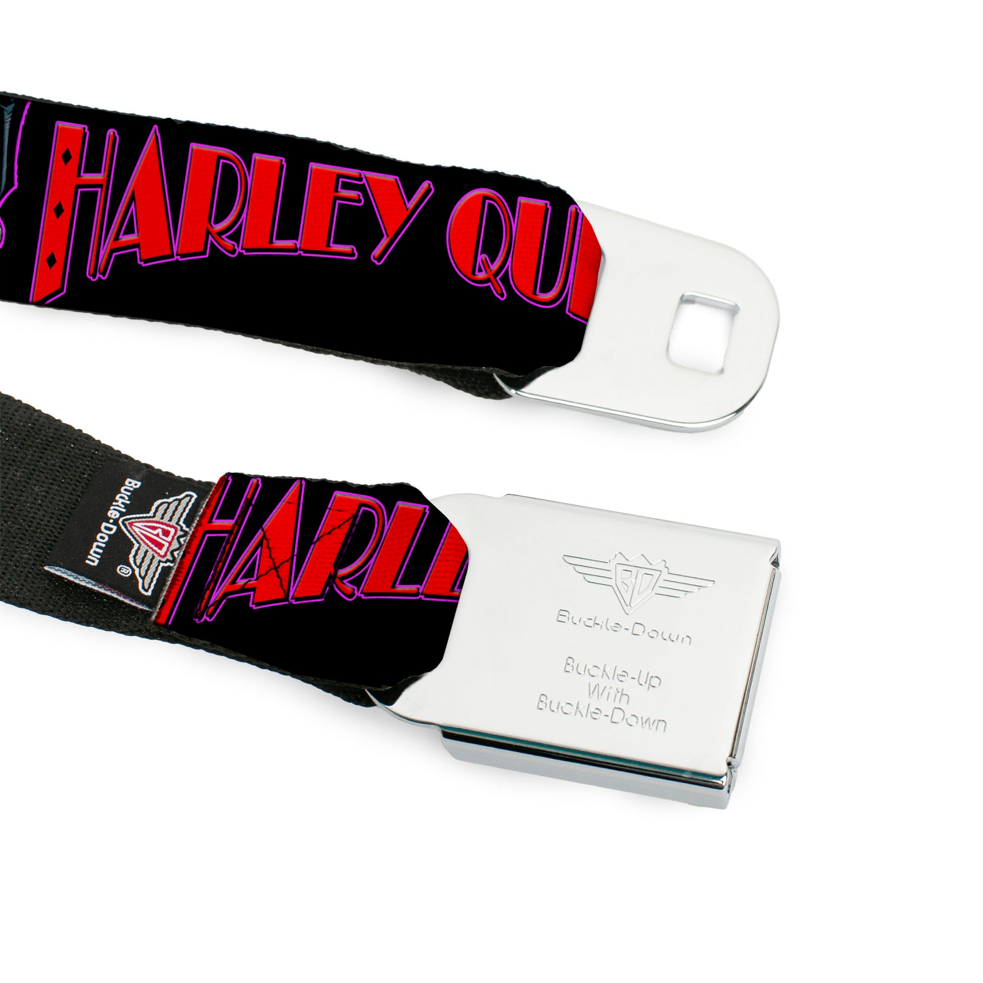 Harley Quinn Diamond Full Color Black Red Seatbelt Belt - HARLEY QUINN Bomb Poses/Suits Black/Purple/Red Webbing Seatbelt Belts DC Comics