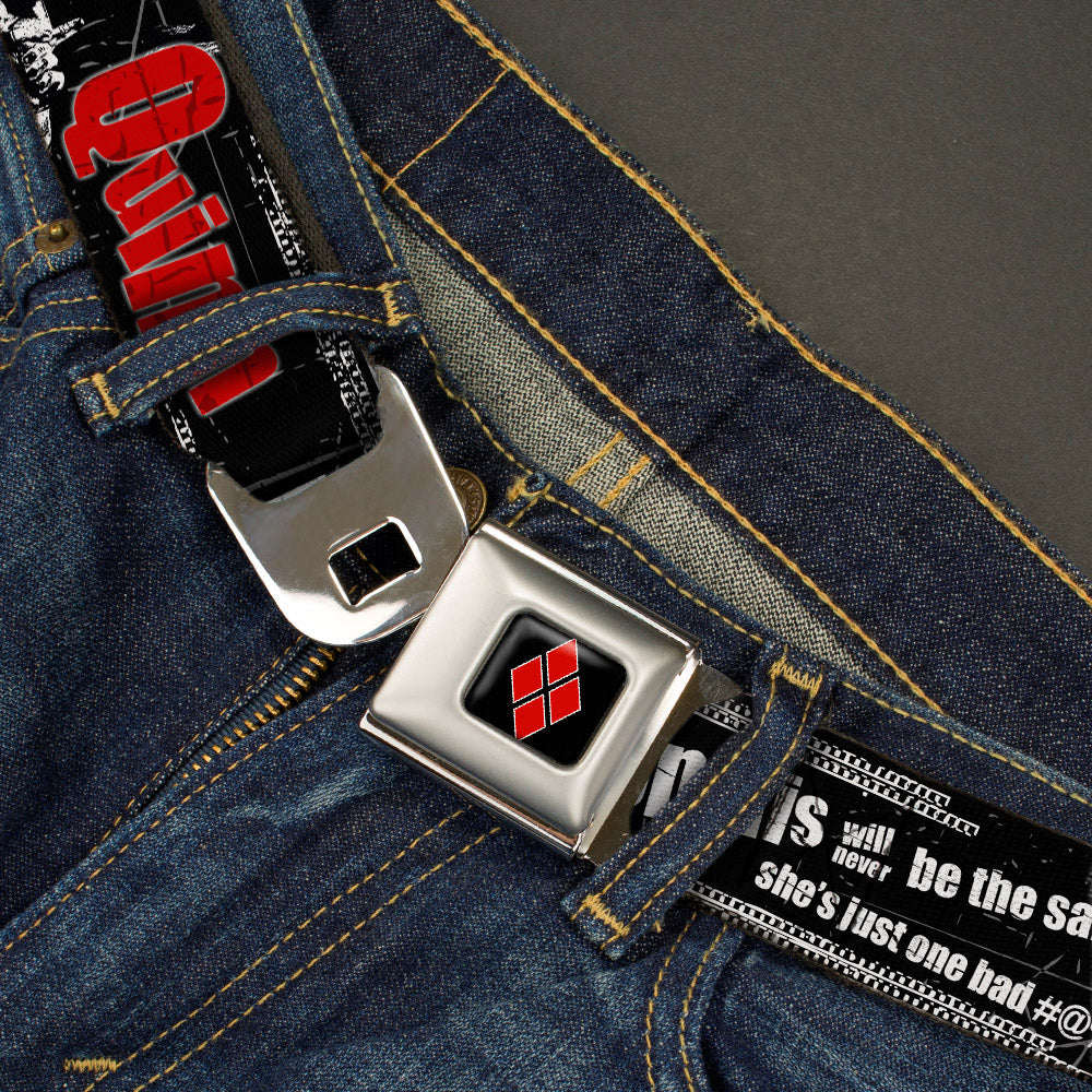 Harley Quinn Diamond Full Color Black Red Seatbelt Belt - HARLEY QUINN Face METROPOLIS WILL NEVER BE THE SAME Black/White/Red Webbing Seatbelt Belts DC Comics