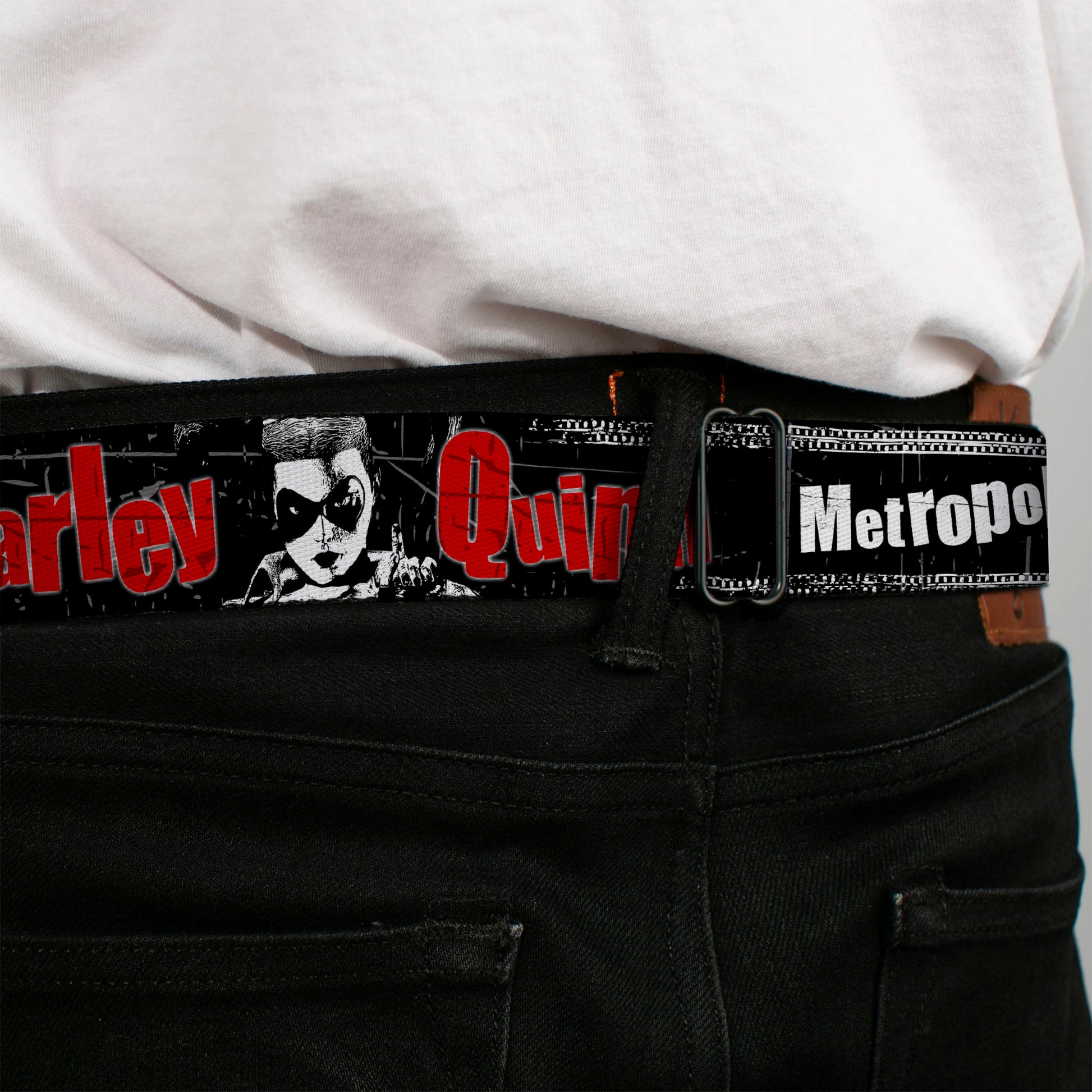 Harley Quinn Diamond Full Color Black Red Seatbelt Belt - HARLEY QUINN Face METROPOLIS WILL NEVER BE THE SAME Black/White/Red Webbing Seatbelt Belts DC Comics