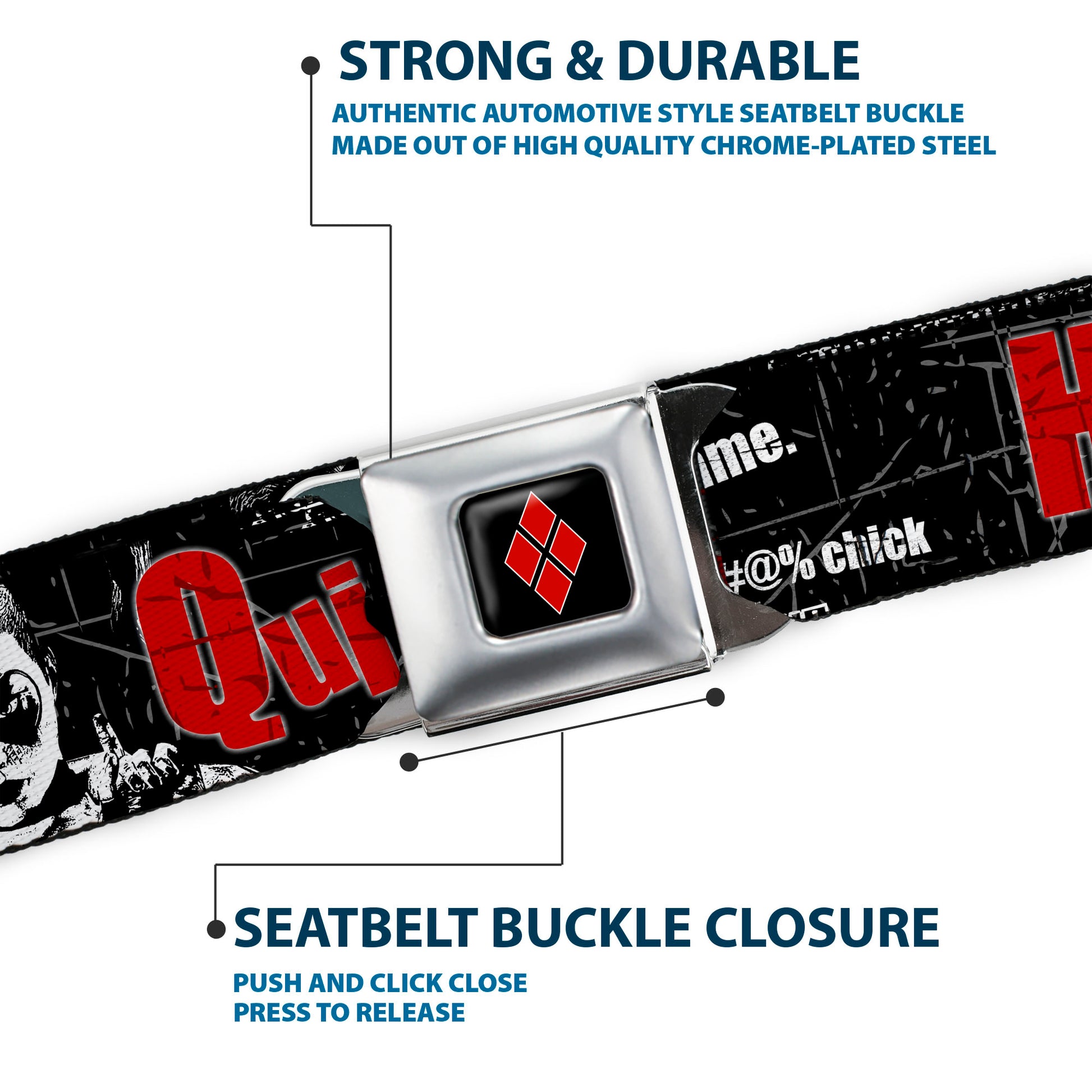 Harley Quinn Diamond Full Color Black Red Seatbelt Belt - HARLEY QUINN Face METROPOLIS WILL NEVER BE THE SAME Black/White/Red Webbing Seatbelt Belts DC Comics