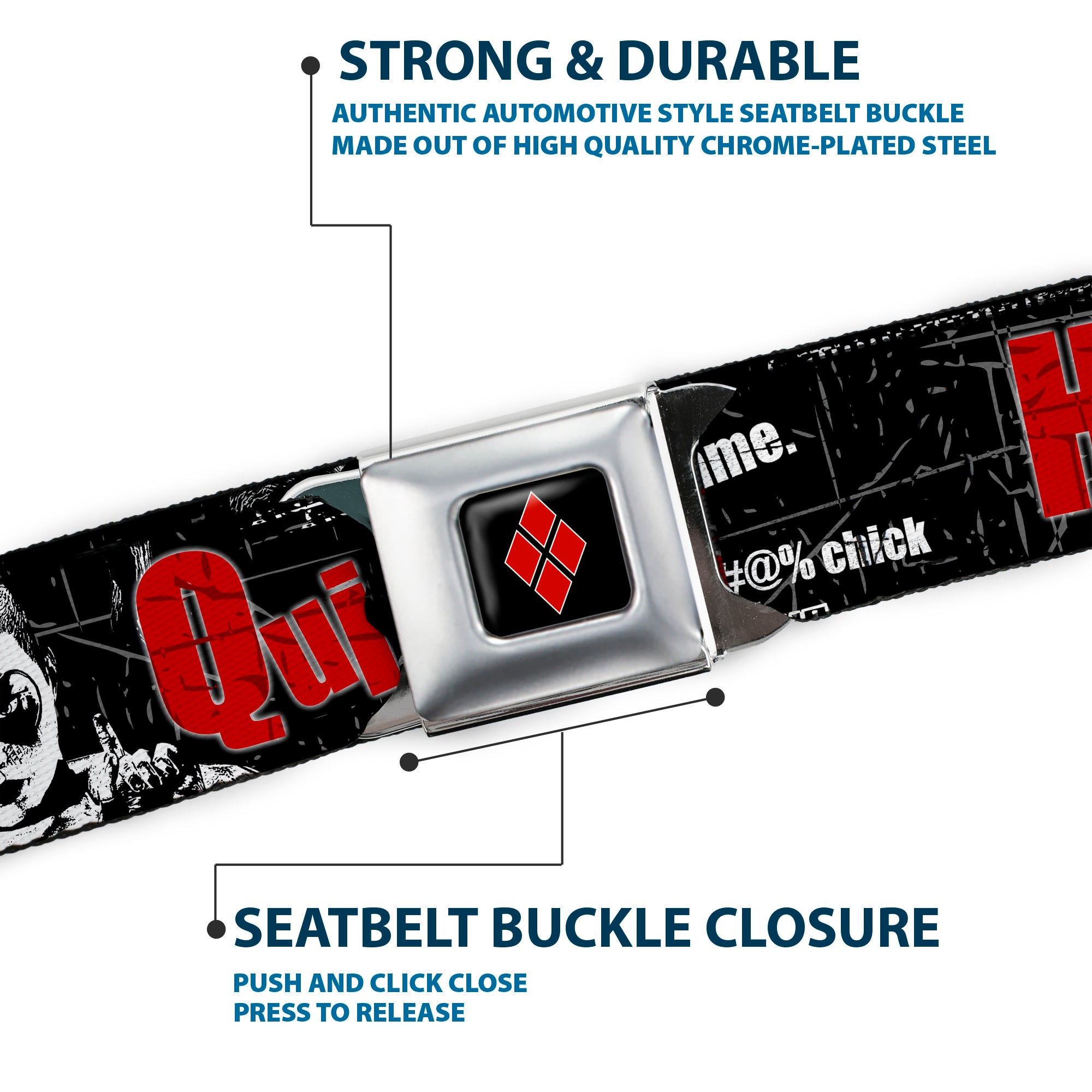 Harley Quinn Diamond Full Color Black Red Seatbelt Belt - HARLEY QUINN Face METROPOLIS WILL NEVER BE THE SAME Black/White/Red Webbing Seatbelt Belts DC Comics