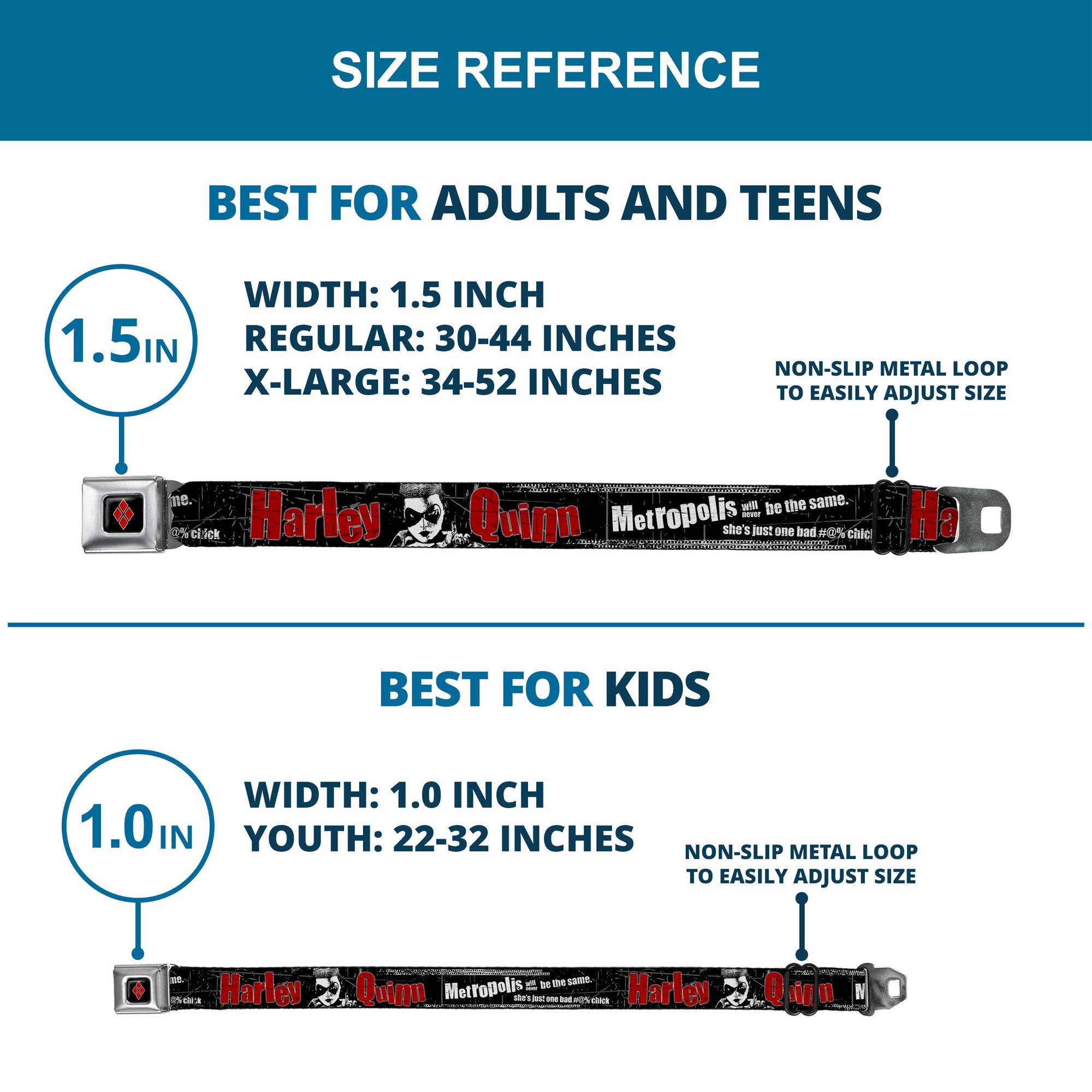 Harley Quinn Diamond Full Color Black Red Seatbelt Belt - HARLEY QUINN Face METROPOLIS WILL NEVER BE THE SAME Black/White/Red Webbing Seatbelt Belts DC Comics