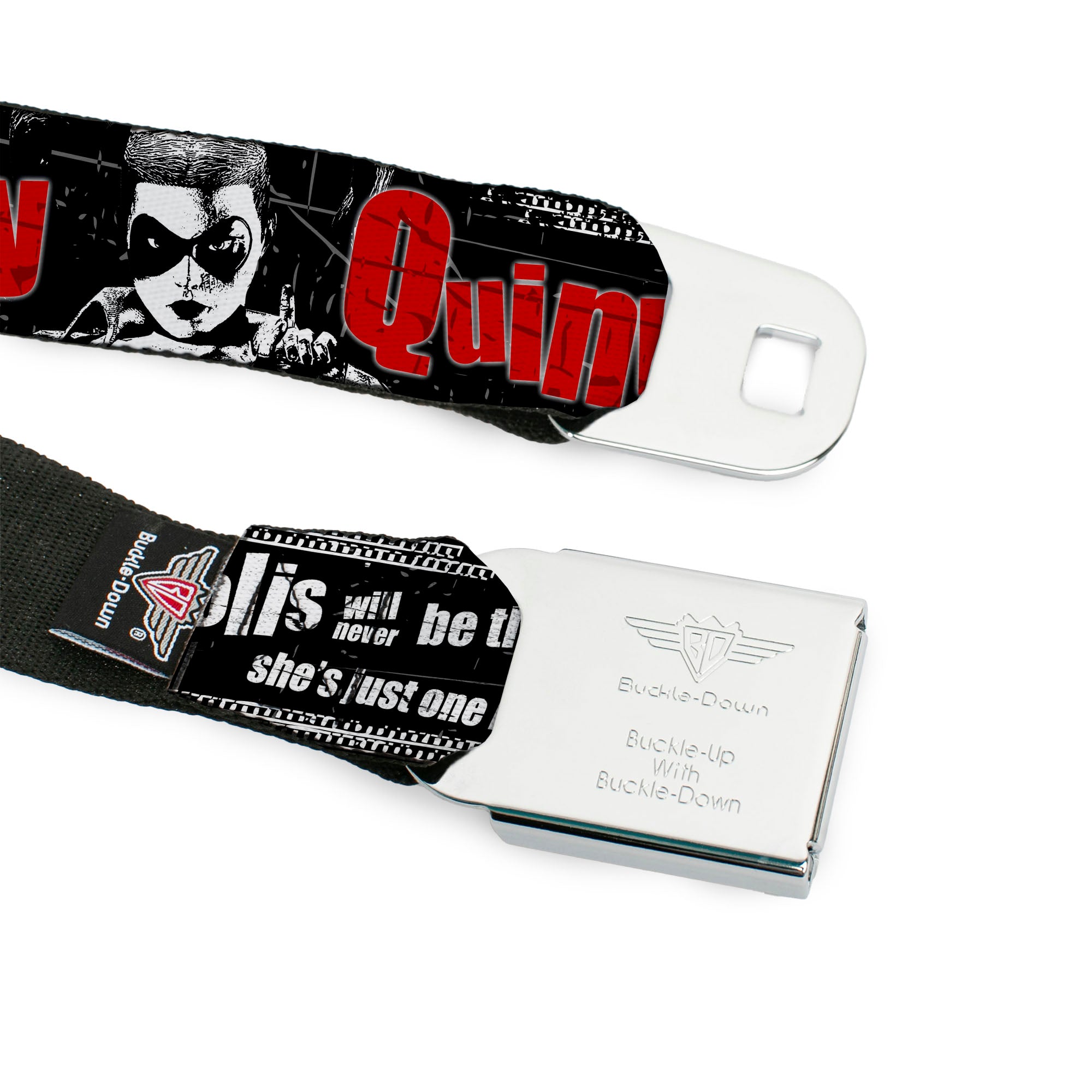 Harley Quinn Diamond Full Color Black Red Seatbelt Belt - HARLEY QUINN Face METROPOLIS WILL NEVER BE THE SAME Black/White/Red Webbing Seatbelt Belts DC Comics