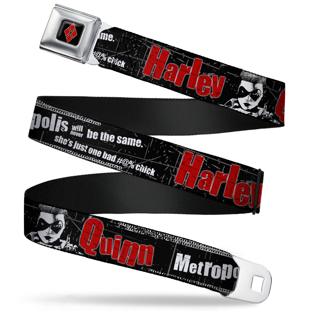 Harley Quinn Diamond Full Color Black Red Seatbelt Belt - HARLEY QUINN Face METROPOLIS WILL NEVER BE THE SAME Black/White/Red Webbing Seatbelt Belts DC Comics