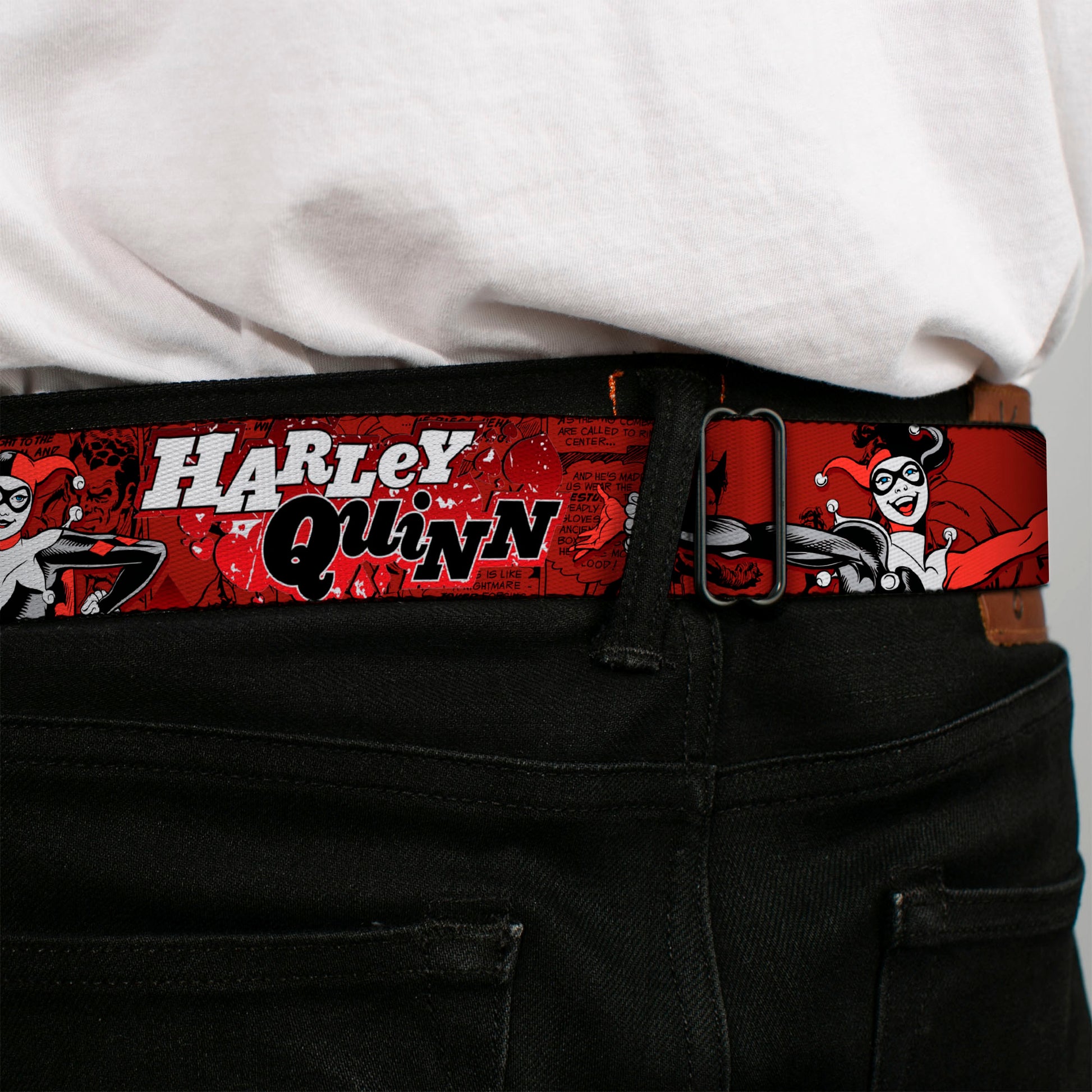 Harley Quinn Diamond Full Color Black Red Seatbelt Belt - HARLEY QUINN Poses/Comic Book Scenes Reds/Black Webbing Seatbelt Belts DC Comics