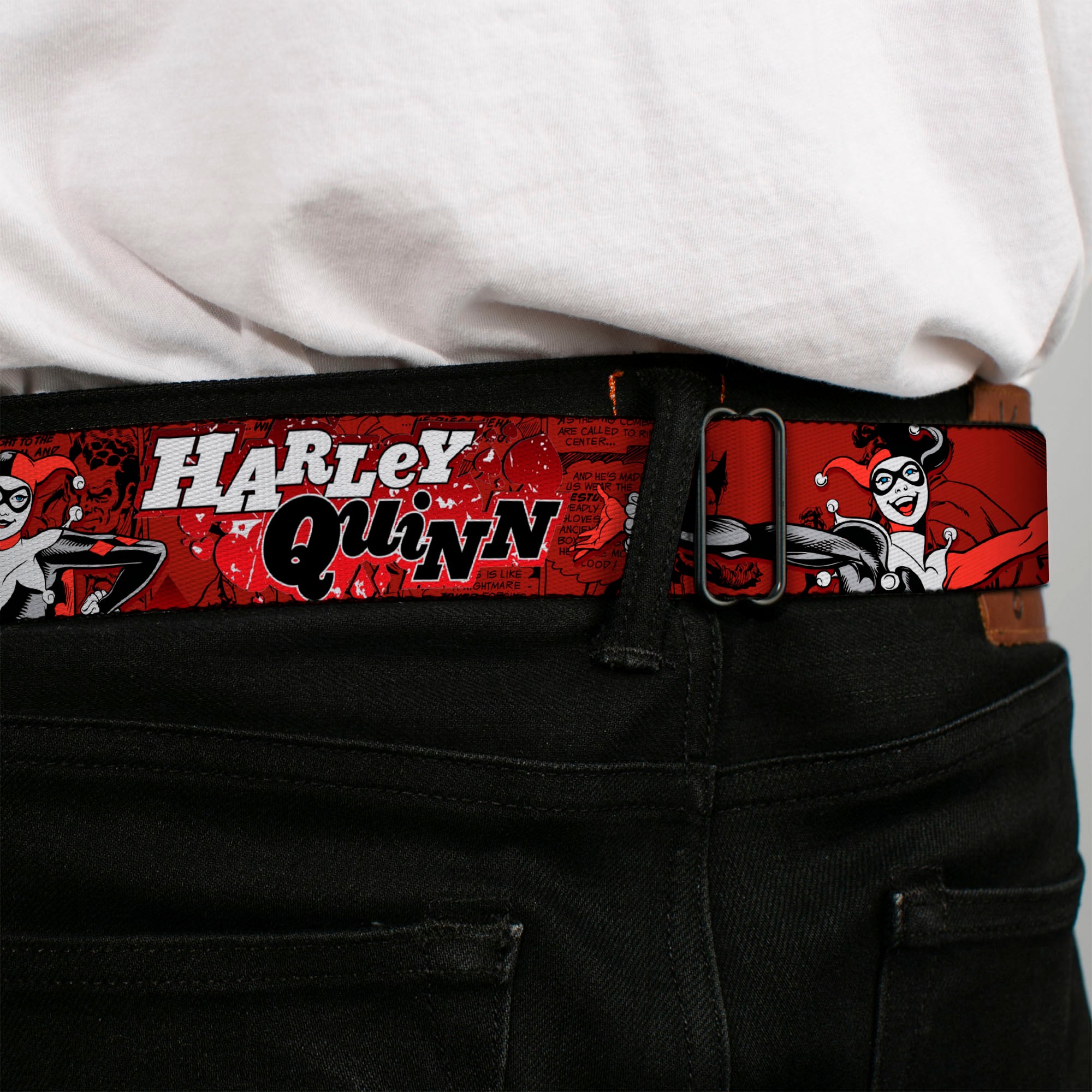Harley Quinn Diamond Full Color Black Red Seatbelt Belt - HARLEY QUINN Poses/Comic Book Scenes Reds/Black Webbing Seatbelt Belts DC Comics