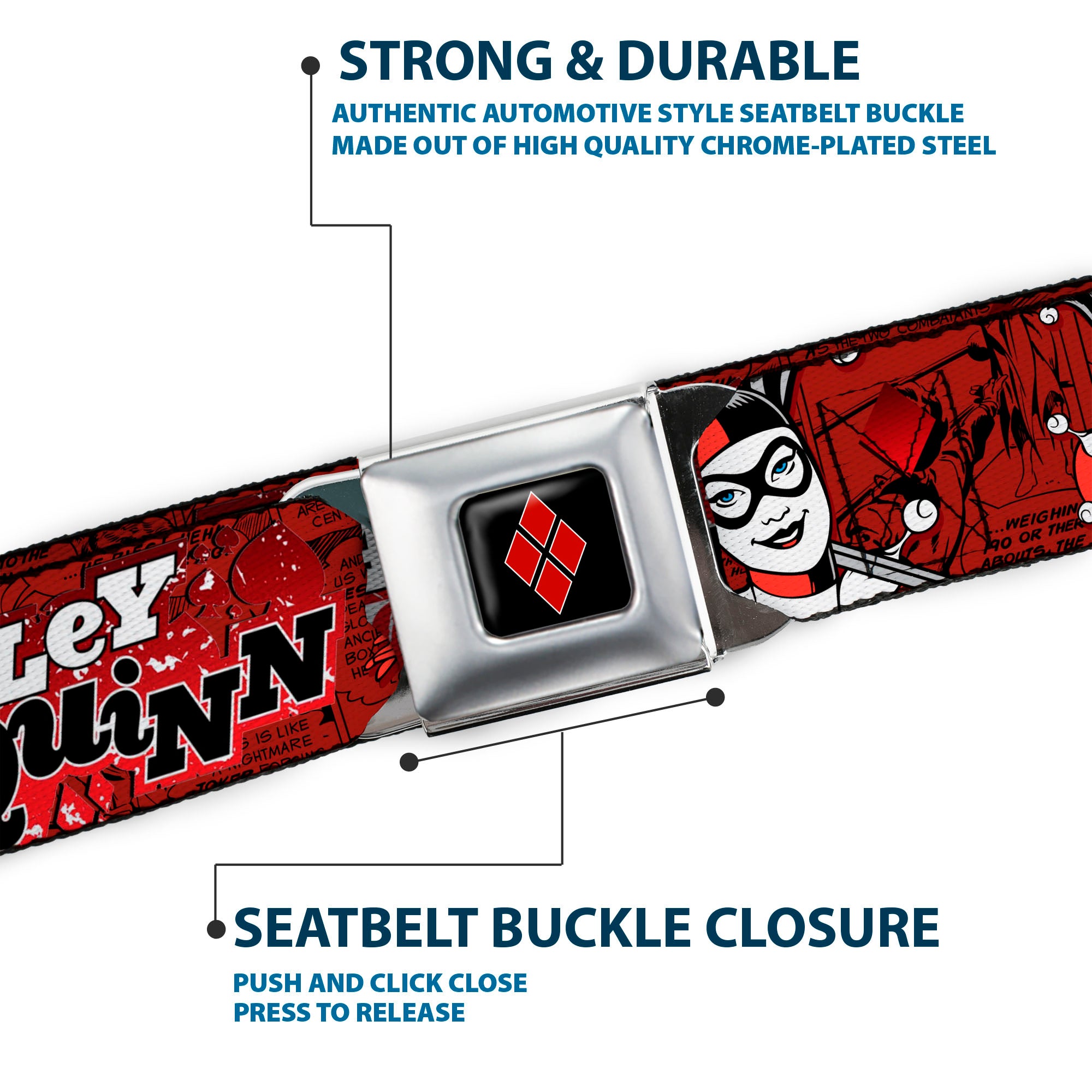 Harley Quinn Diamond Full Color Black Red Seatbelt Belt - HARLEY QUINN Poses/Comic Book Scenes Reds/Black Webbing Seatbelt Belts DC Comics