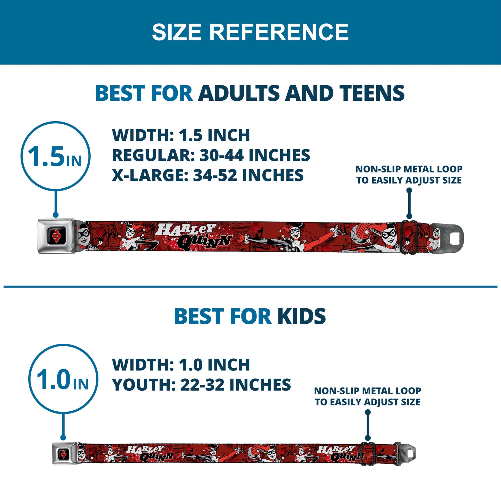 Harley Quinn Diamond Full Color Black Red Seatbelt Belt - HARLEY QUINN Poses/Comic Book Scenes Reds/Black Webbing Seatbelt Belts DC Comics