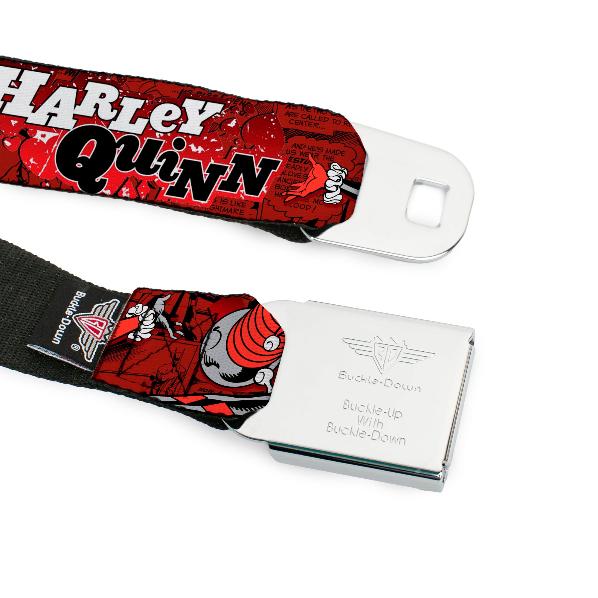 Harley Quinn Diamond Full Color Black Red Seatbelt Belt - HARLEY QUINN Poses/Comic Book Scenes Reds/Black Webbing Seatbelt Belts DC Comics