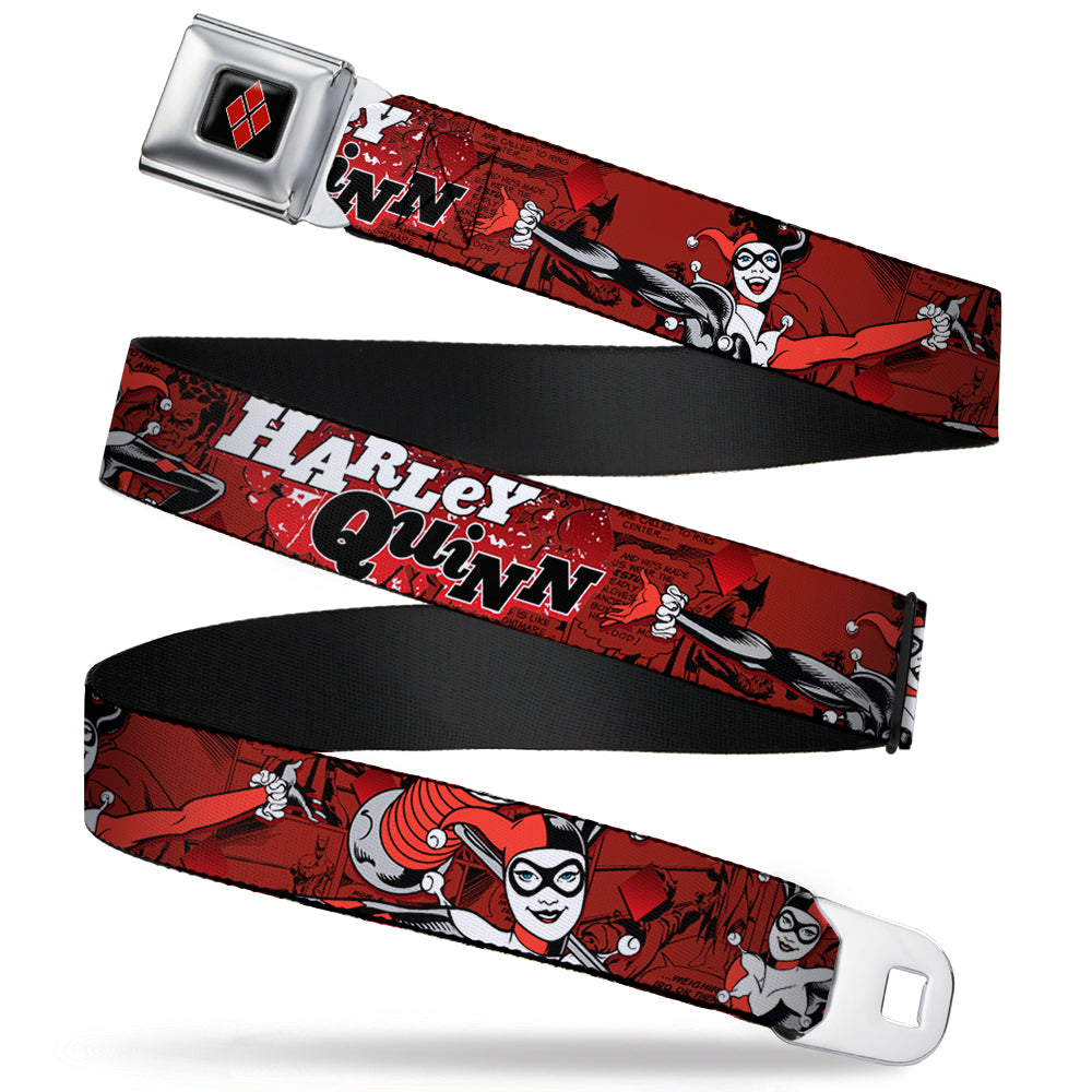 Harley Quinn Diamond Full Color Black Red Seatbelt Belt - HARLEY QUINN Poses/Comic Book Scenes Reds/Black Webbing Seatbelt Belts DC Comics