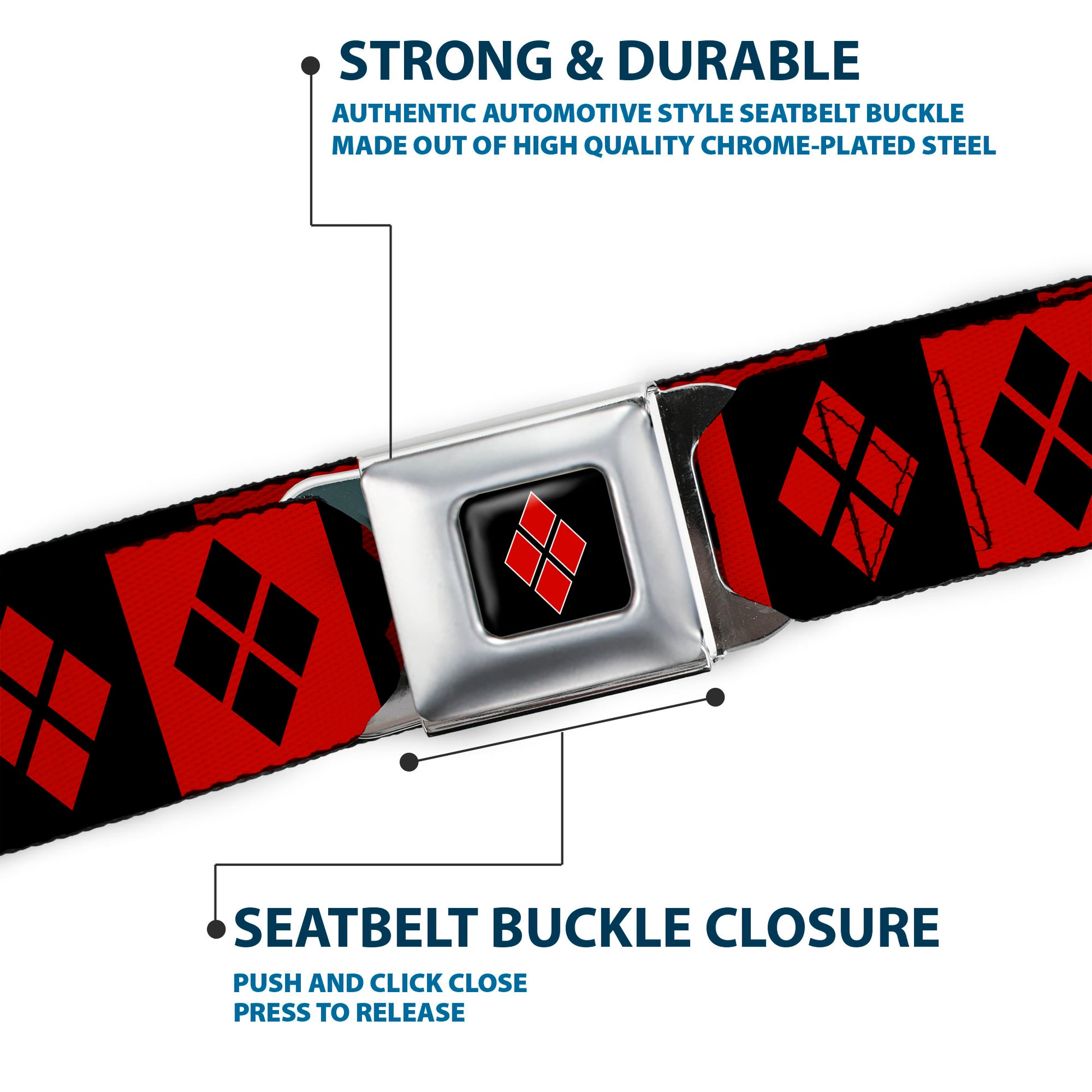Harley Quinn Diamond Full Color Black Red Seatbelt Belt - Harley Quinn Diamond Blocks Red/Black Black/Red Webbing Seatbelt Belts DC Comics