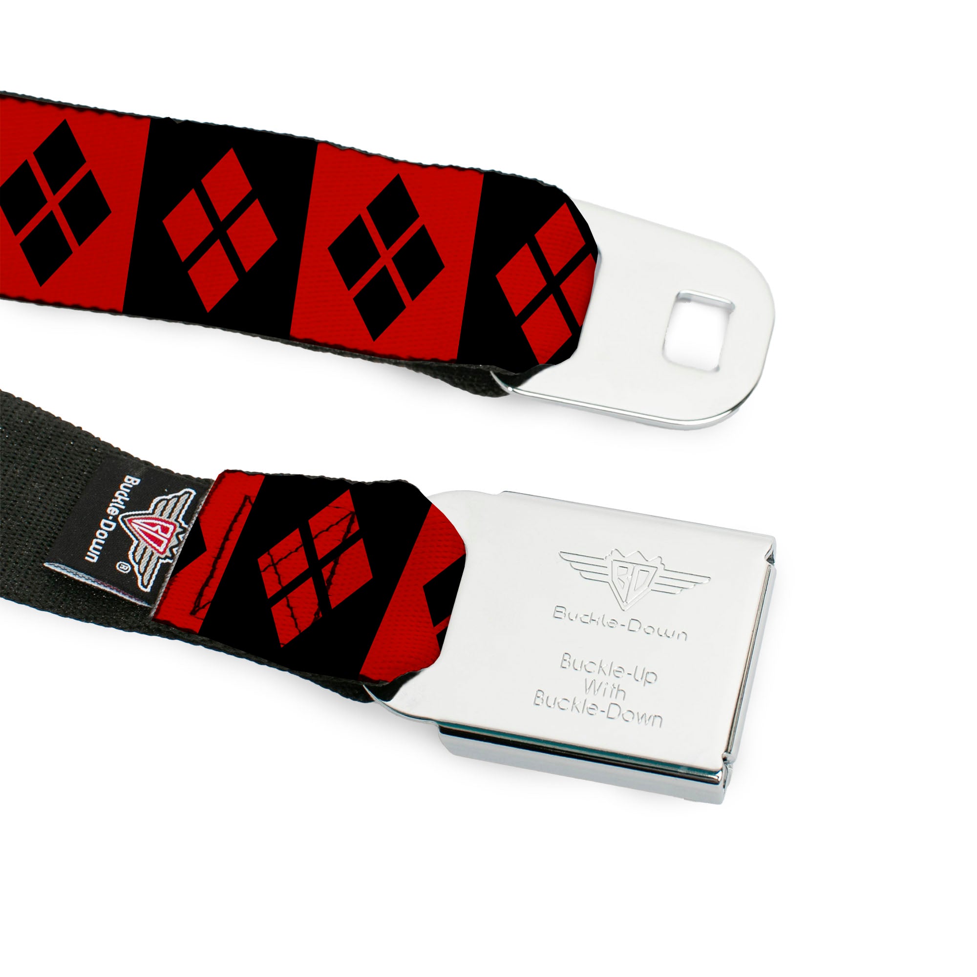 Harley Quinn Diamond Full Color Black Red Seatbelt Belt - Harley Quinn Diamond Blocks Red/Black Black/Red Webbing Seatbelt Belts DC Comics