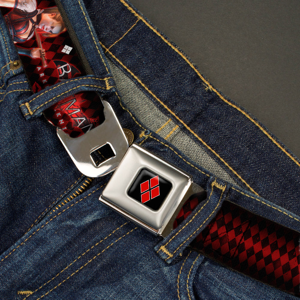 Harley Quinn Diamond Full Color Black Red Seatbelt Belt - BATMAN ARKHAM KNIGHT Logo HARLEY QUINN Bat Poses Diamonds/Bats/Kisses Black/Reds/White Webbing Seatbelt Belts DC Comics