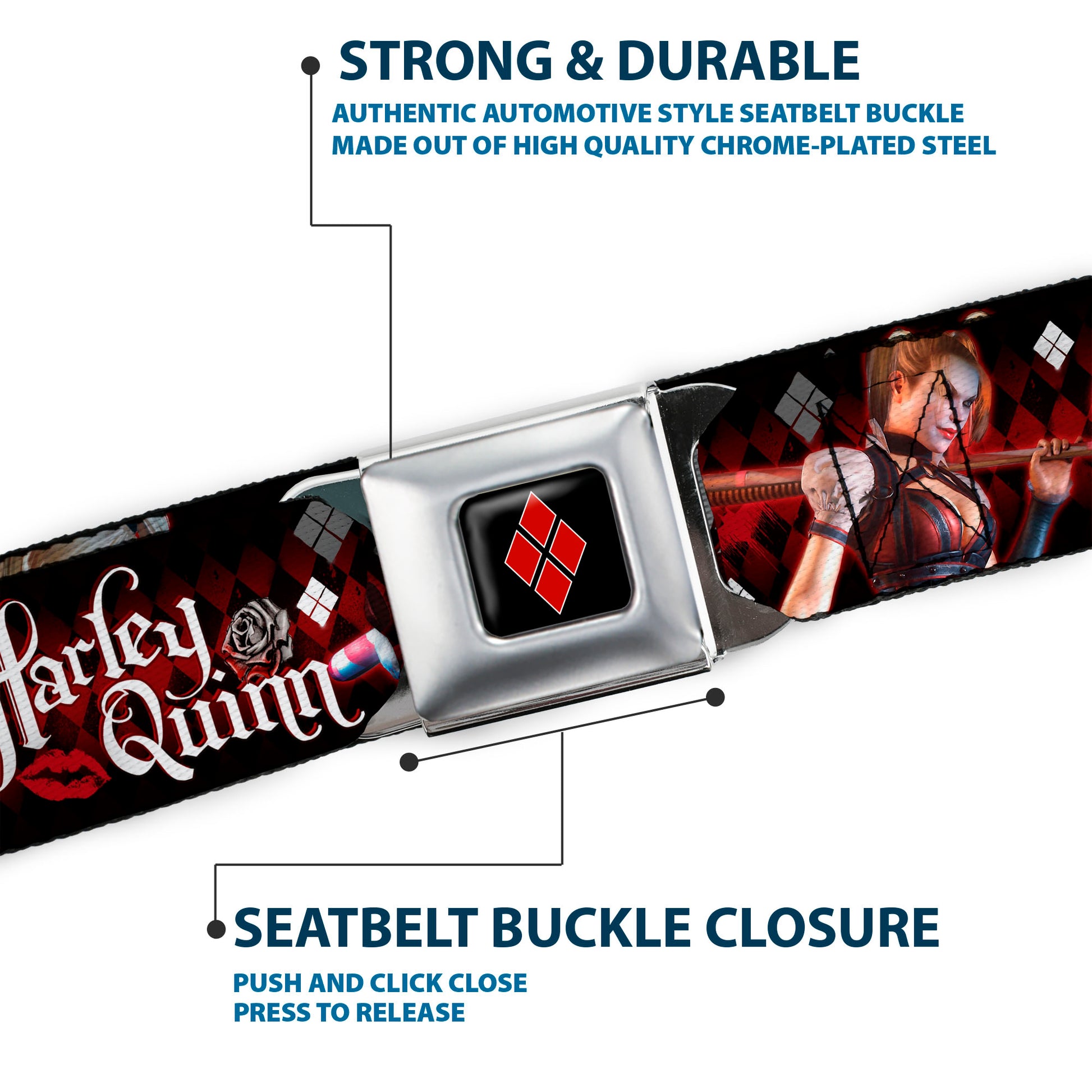 Harley Quinn Diamond Full Color Black Red Seatbelt Belt - BATMAN ARKHAM KNIGHT Logo HARLEY QUINN Bat Poses Diamonds/Bats/Kisses Black/Reds/White Webbing Seatbelt Belts DC Comics