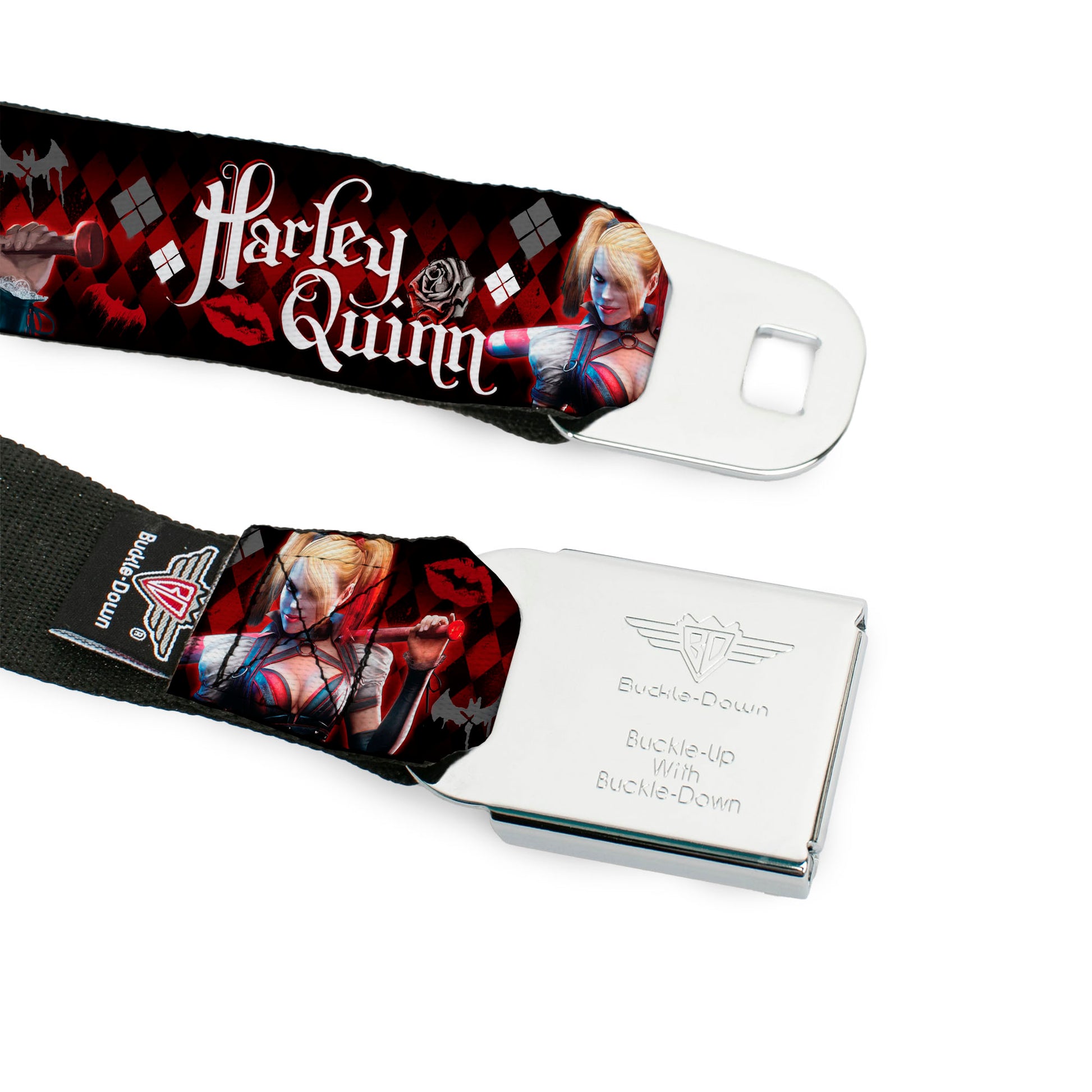 Harley Quinn Diamond Full Color Black Red Seatbelt Belt - BATMAN ARKHAM KNIGHT Logo HARLEY QUINN Bat Poses Diamonds/Bats/Kisses Black/Reds/White Webbing Seatbelt Belts DC Comics